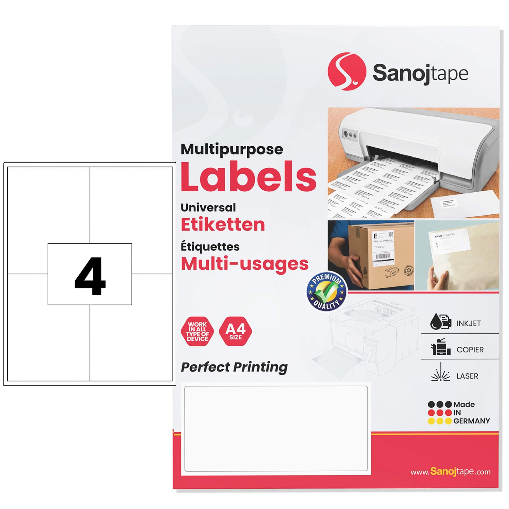 Universal A4 White Paper Labels | 105 x 148,5 mm – 400 Labels | 4 Labels per A4 Sheet | Permanent Adhesive for Mailings, FBA-Labels, Boxes | 400 Labels – 100 Sheets by Sanojtape