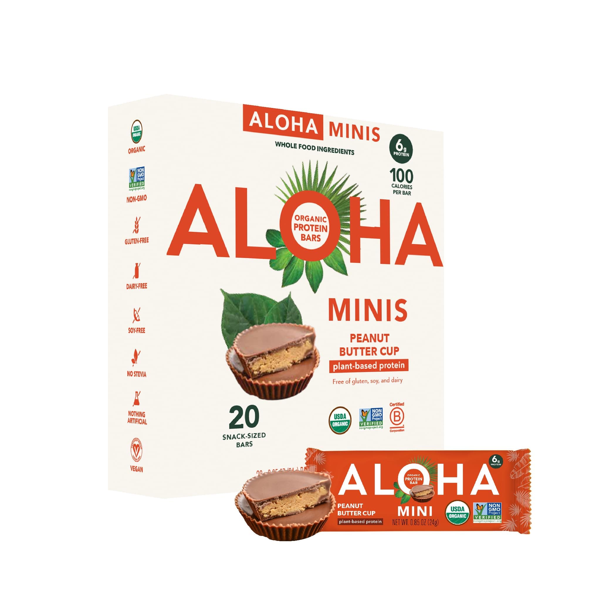 ALOHA Organic Plant Based Protein Bar MINIS |Peanut Butter Cup | 20 Count, 24...