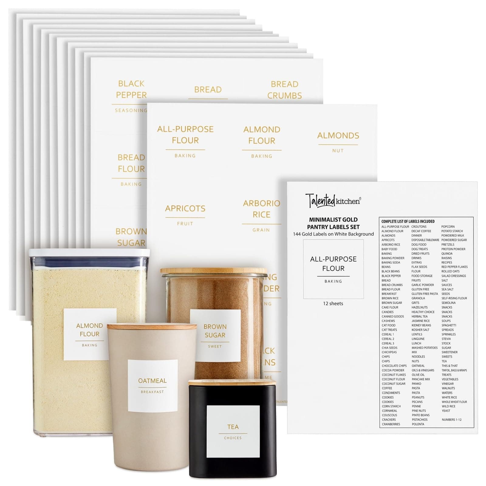 Talented KitchenLabels for Storage Bins & Food Containers - 2.5 x 2.5-Inch Matte White Vinyl Squares - Metallic Gold Text Peel & Stick - Water-Resistant for Jars & Pantry Organization