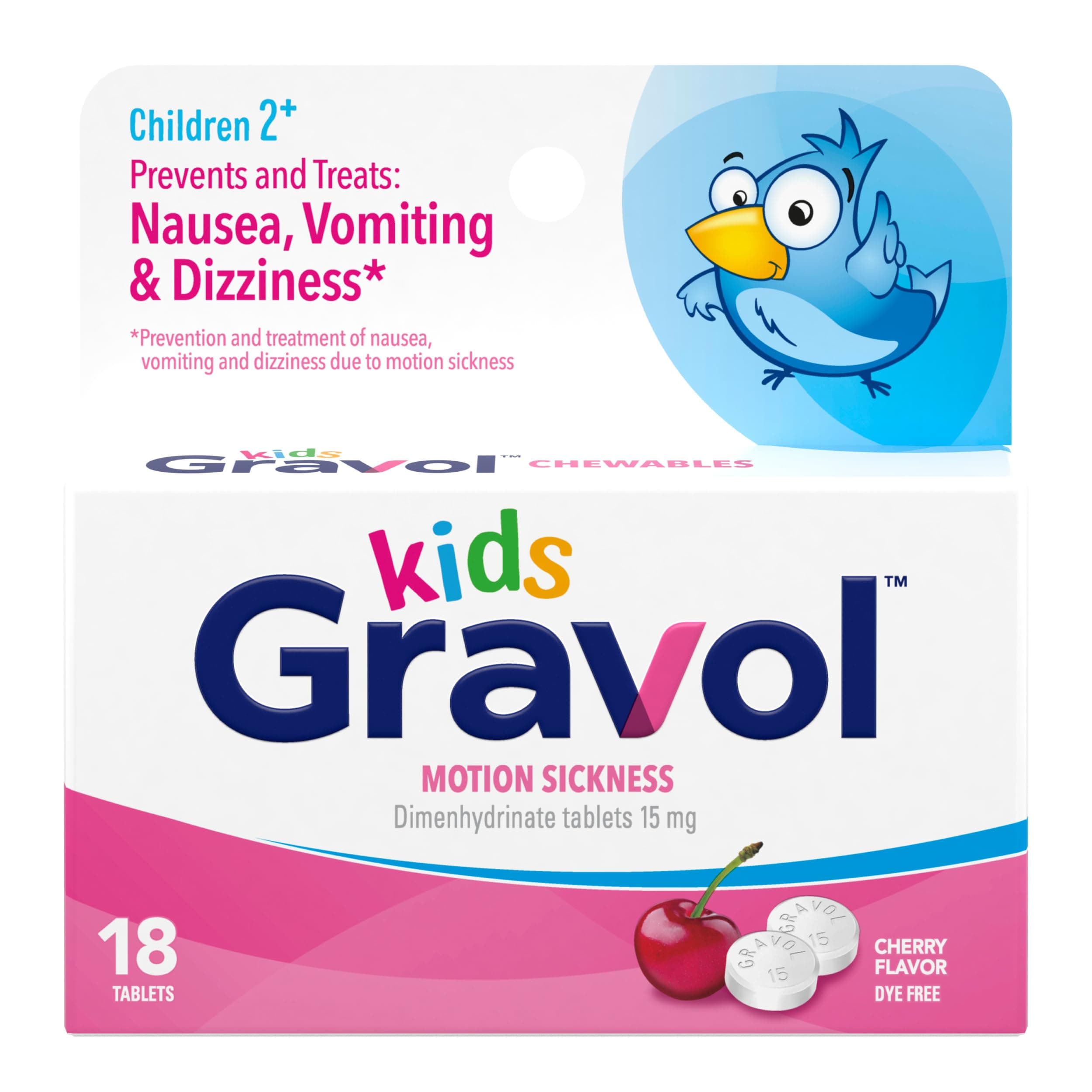 Kids, Motion Sickness, Children 2+, Cherry, 15 mg, 18 Tablets, Gravol