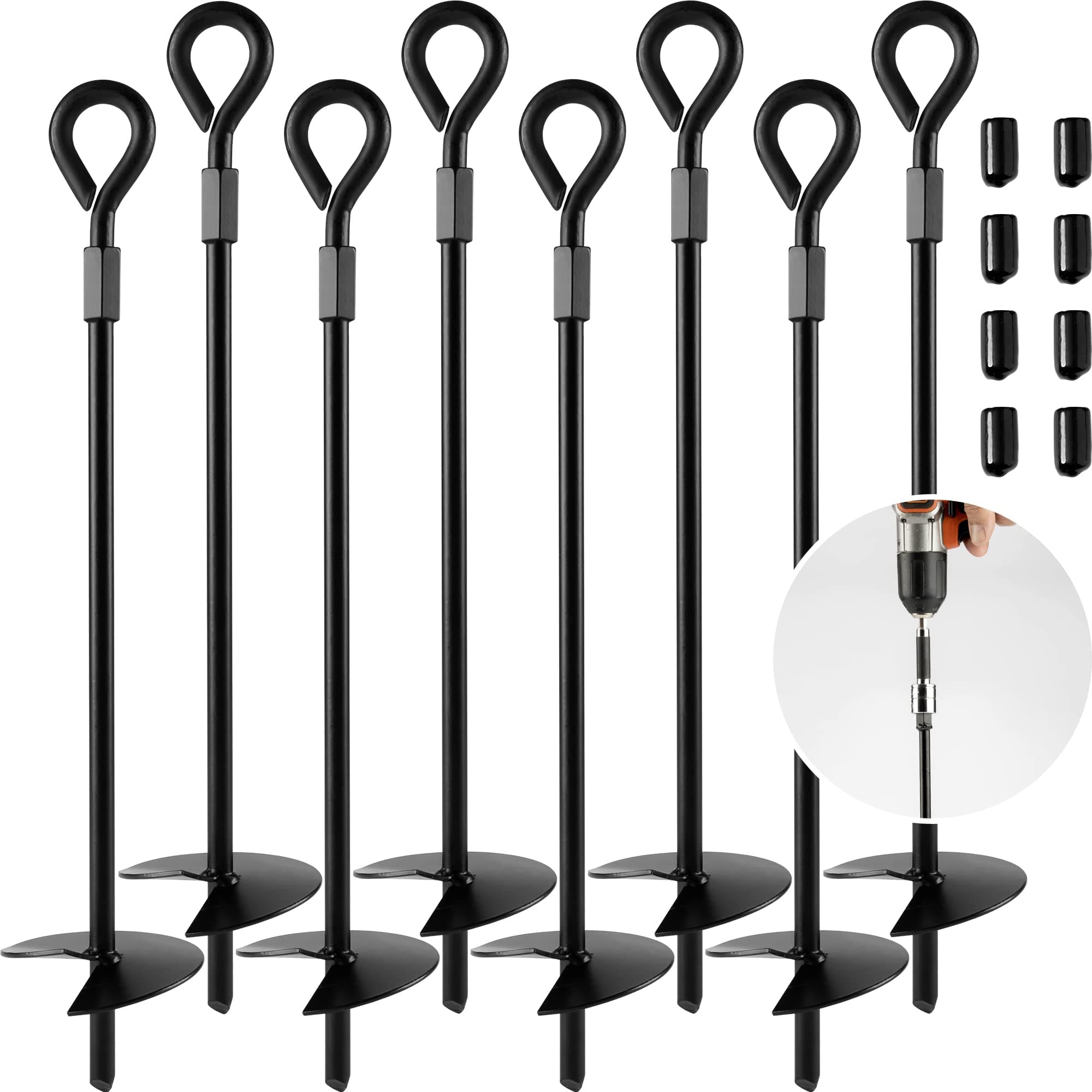 Gray Bunny Shed Anchor Kit 8 pk, 15" - Earth Anchors Easy to Use with Drill, Trampoline Anchors High Wind Heavy Duty - 3" Wide Helix Ground Anchor Screw in for Camping, Tents, Shed