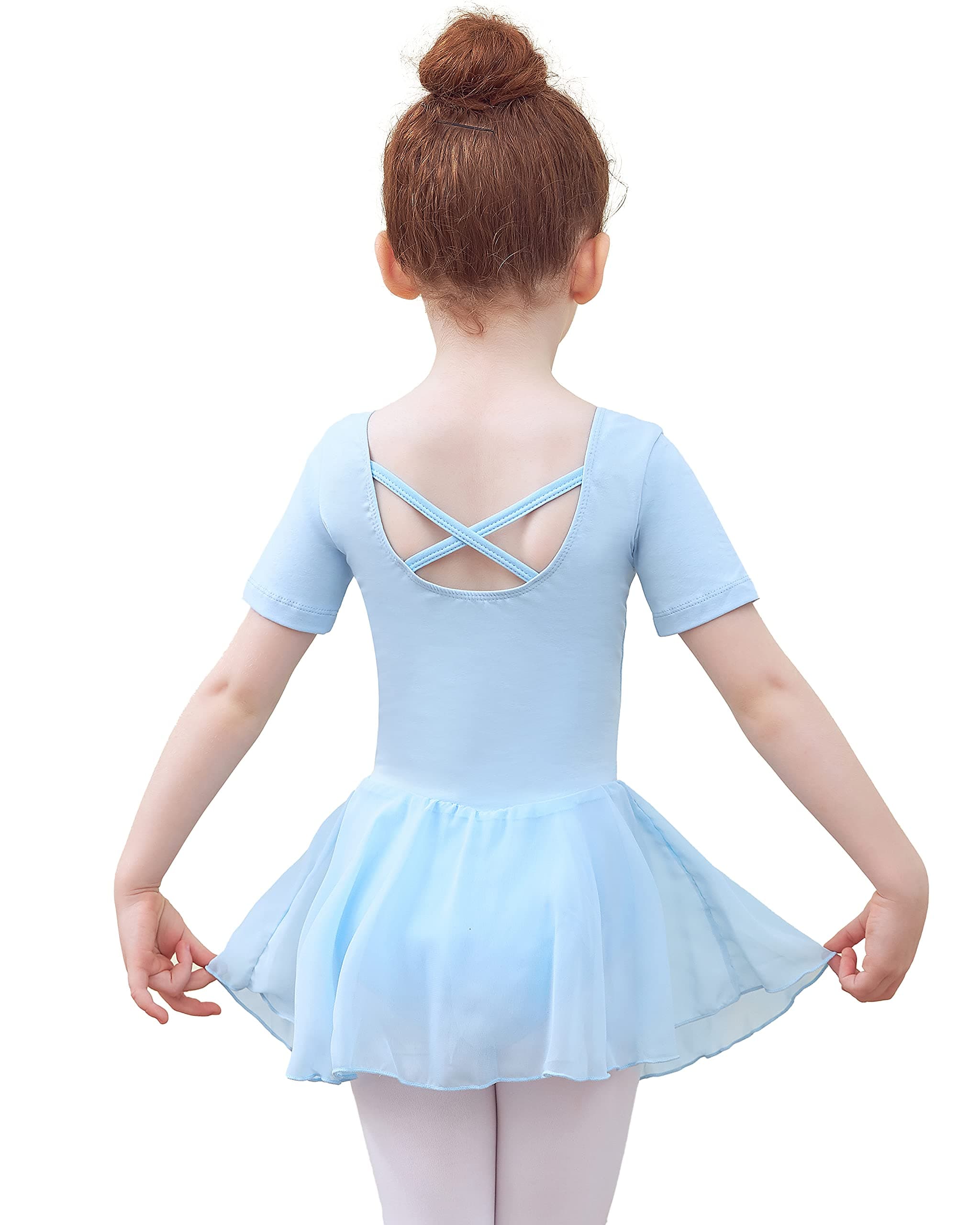 TancefairGirls Ballet Dress Kids Ballet Leotard Dress Children V-Neck Short/Long Sleeve Gymnastics Costume Dancewear with Chiffon Skirt