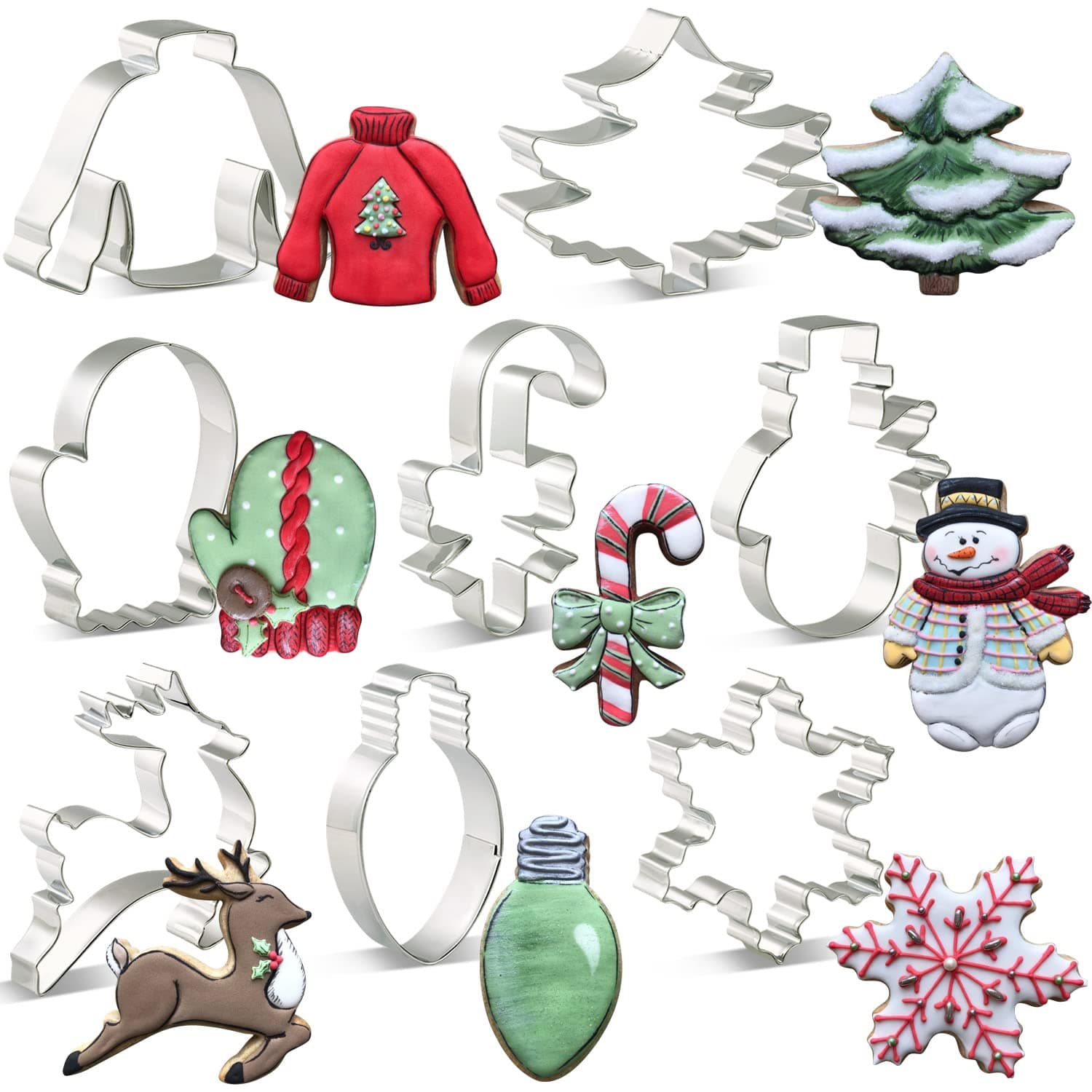 KENIAO Christmas Cookie Cutter Set - 9 Piece - Christmas Tree, Snowman, Snowflake, Gingerbread Man, Reindeer, Candy Cane, Ugly Sweater, Light Bulb and Mitten Biscuit Fondant Cutters - Stainless Steel