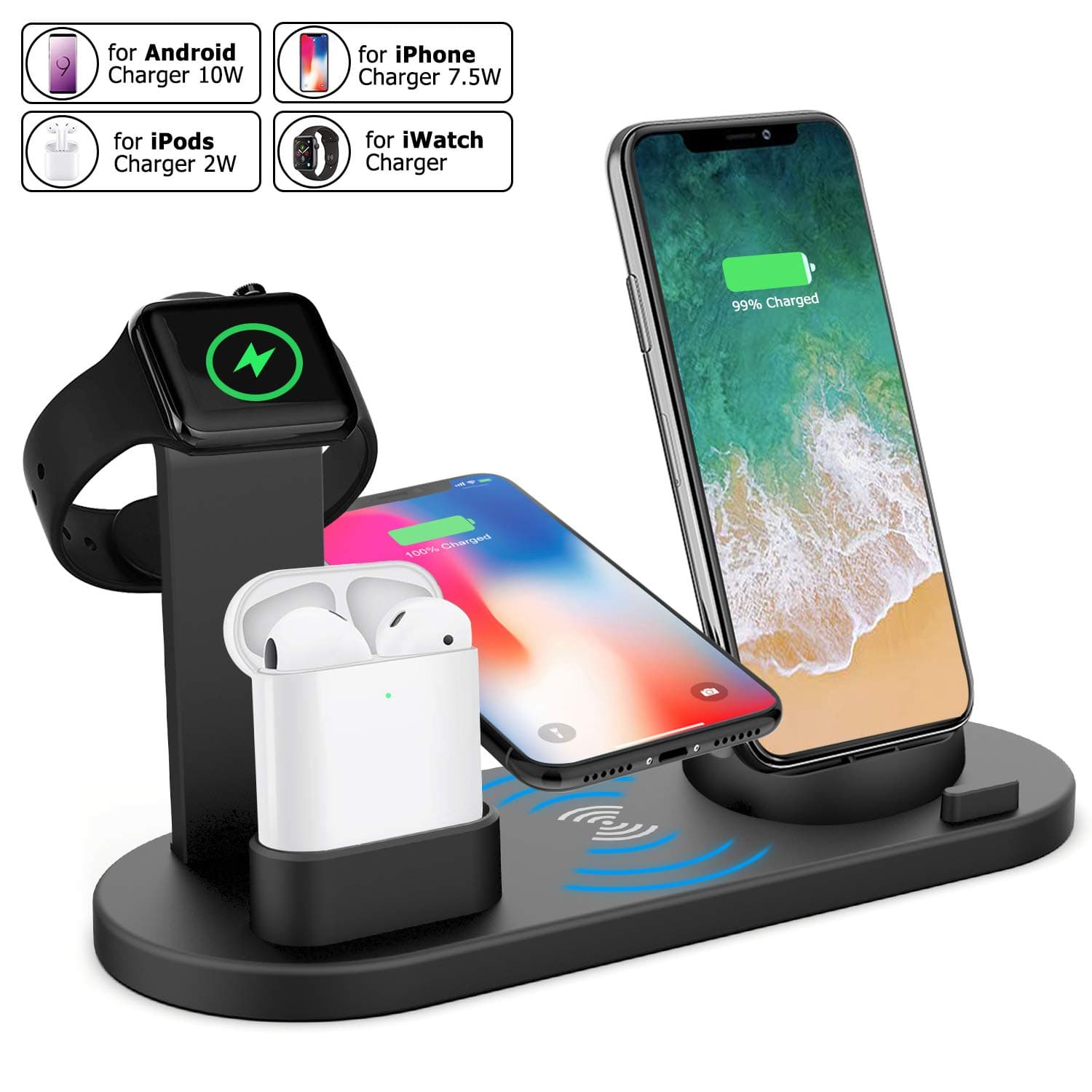 Wireless Charger, Amabana 6 in 1 Wireless Charging Stand for iPhone Apple Watch Airpods, Wireless Charging Dock Station Qi Fast Wireless Charger Stand for iPhone XR/Xs/Xs Max/X/8/8Plus/iWatch
