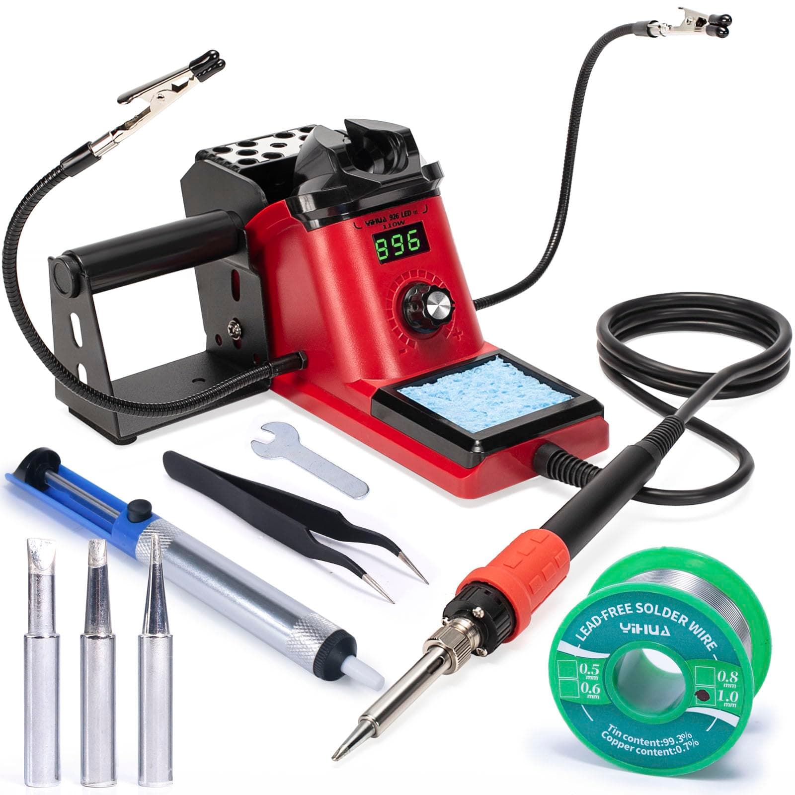 926 III 110W Soldering Iron Station Kit with LED Display, 2 Helping Hands, 3 Extra Iron Tips, 35g Lead-Free Solder, Solder Sucker, S/S Tweezers, °C/°F Conversion, Calibration & Sleep Features