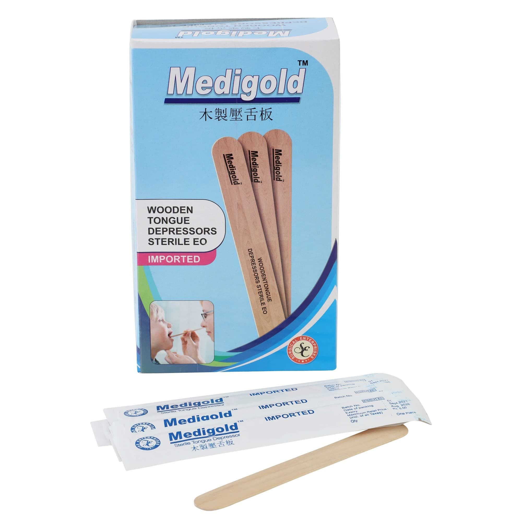 KS Sterile Standard Size Wooden Polished Smooth Edges Tongue Depressor Spatula - 100 Pieces (Sterile)