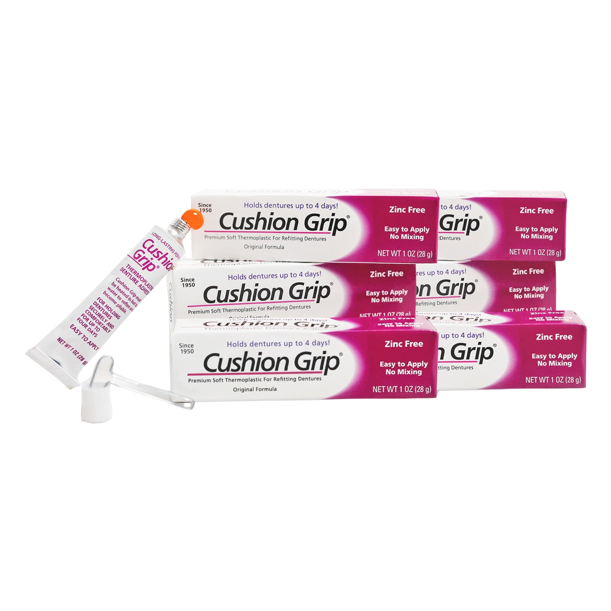 Cushion Grip Thermoplastic Denture Adhesive, 1 oz (6-Pack) – Refits & Tightens Loose Dentures, Secure Custom Fit, Long-Lasting Comfort, Waterproof, Zinc-Free
