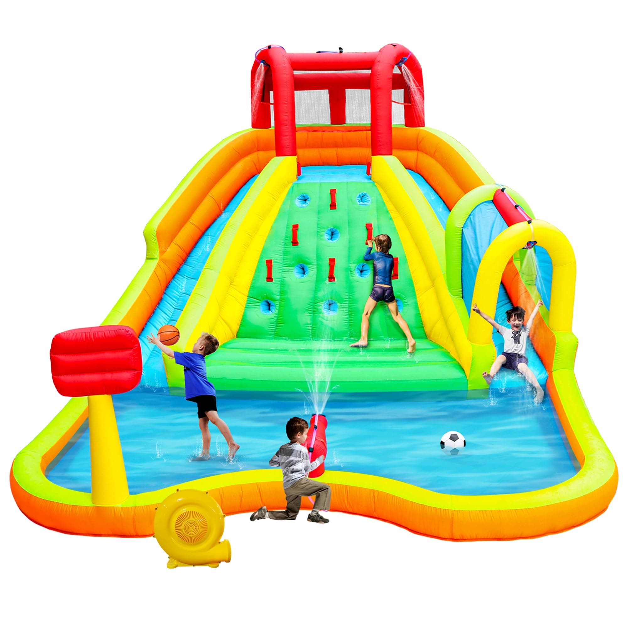Inflatable Water Double Slides Park, Bounce House with Arched Water Gun Spray, Jumping Castle with Air Blower