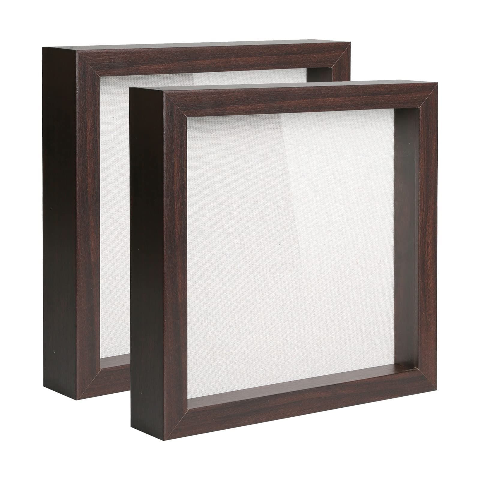 Muzilife 10x10 Shadow Box Picture Frame with Linen Board Deep Wood Glass Display Case Ready to Hang Memory Box, Awards, Medals, Wedding, Tickets and Photos, Walnut, 2Pcs