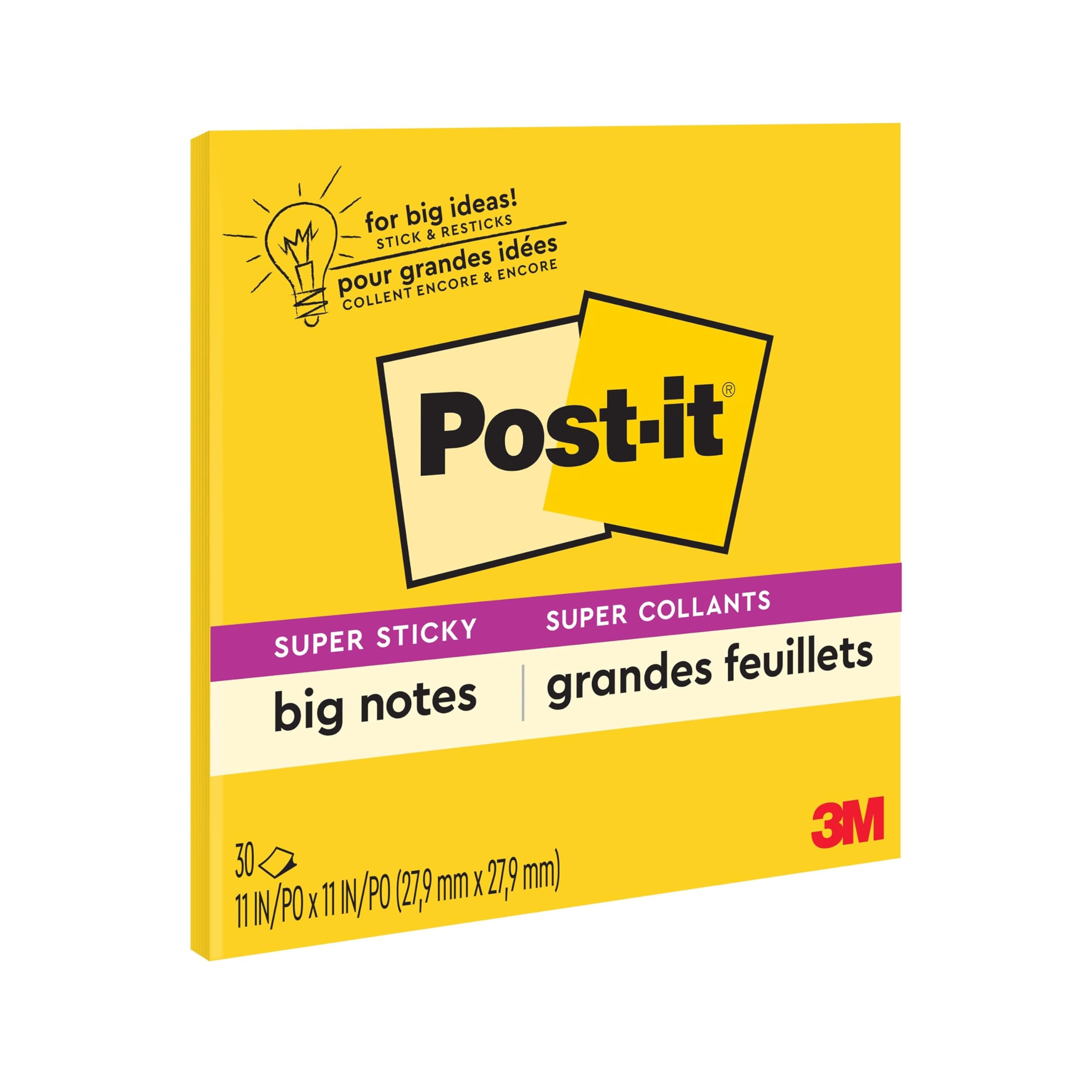 Super Sticky Big Notes, 11 in x 11 in, 1 Pad, 2X the Sticking Power, Yellow, Recyclable (BN11)