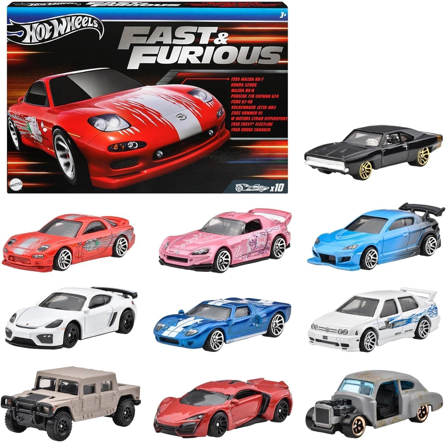 Hot Wheels 10-Pack Fast & Furious HVX27 Car Toy, Miniature Car Toy, for Kids Ages 3+ and Multicolor