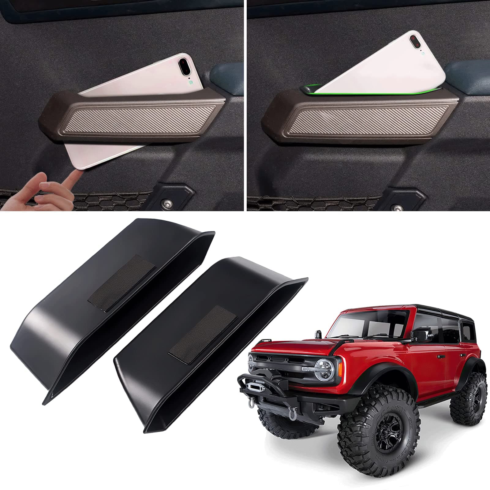WDG Door Side Storage Box Handle Container for Ford Bronco 2021 2022 2023 2024 2025 Car Interior Accessories, ABS Front Door Side Armrest Phone Pocket Organizer Insert Glove Pallet 2PCS Set