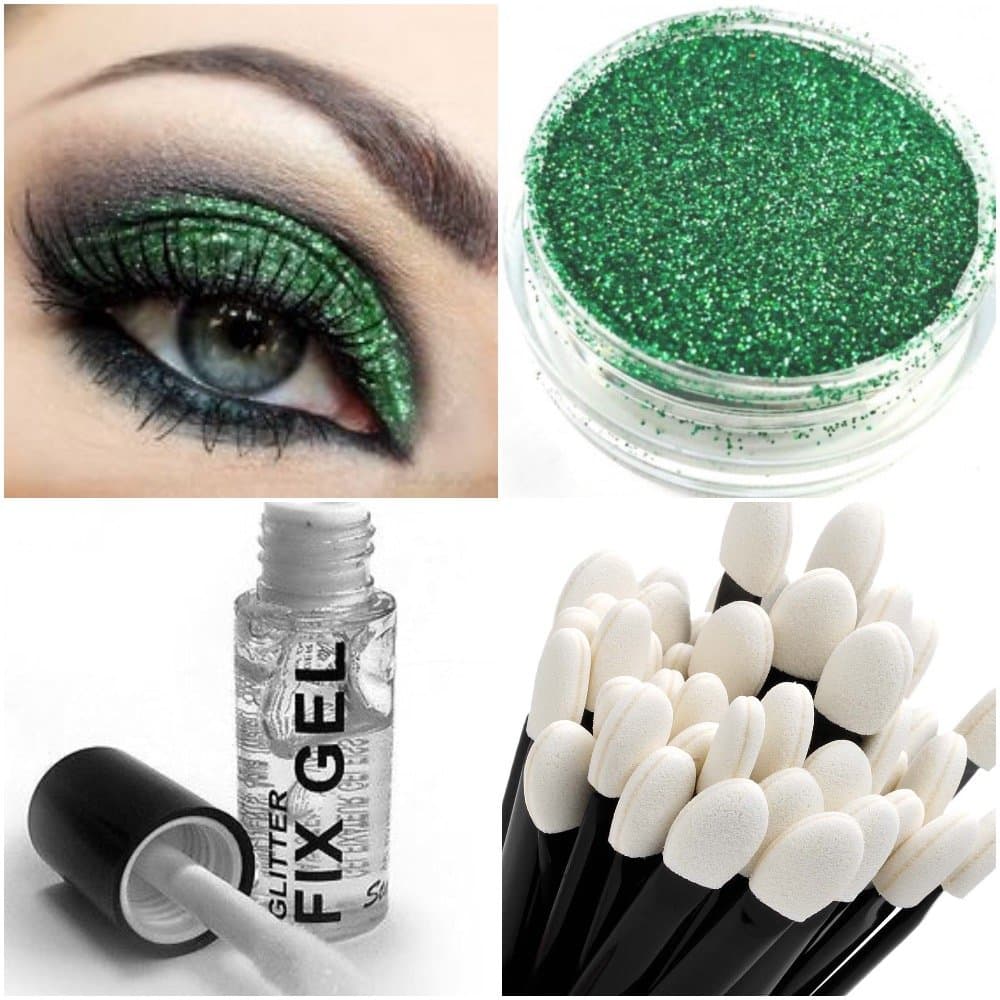 Stargazer Glitter Eyeshadow Fixing Gel + Glitter Eye Shadow + Wand Makeup for Eyes Face Body (Glitter Green Sparkle)