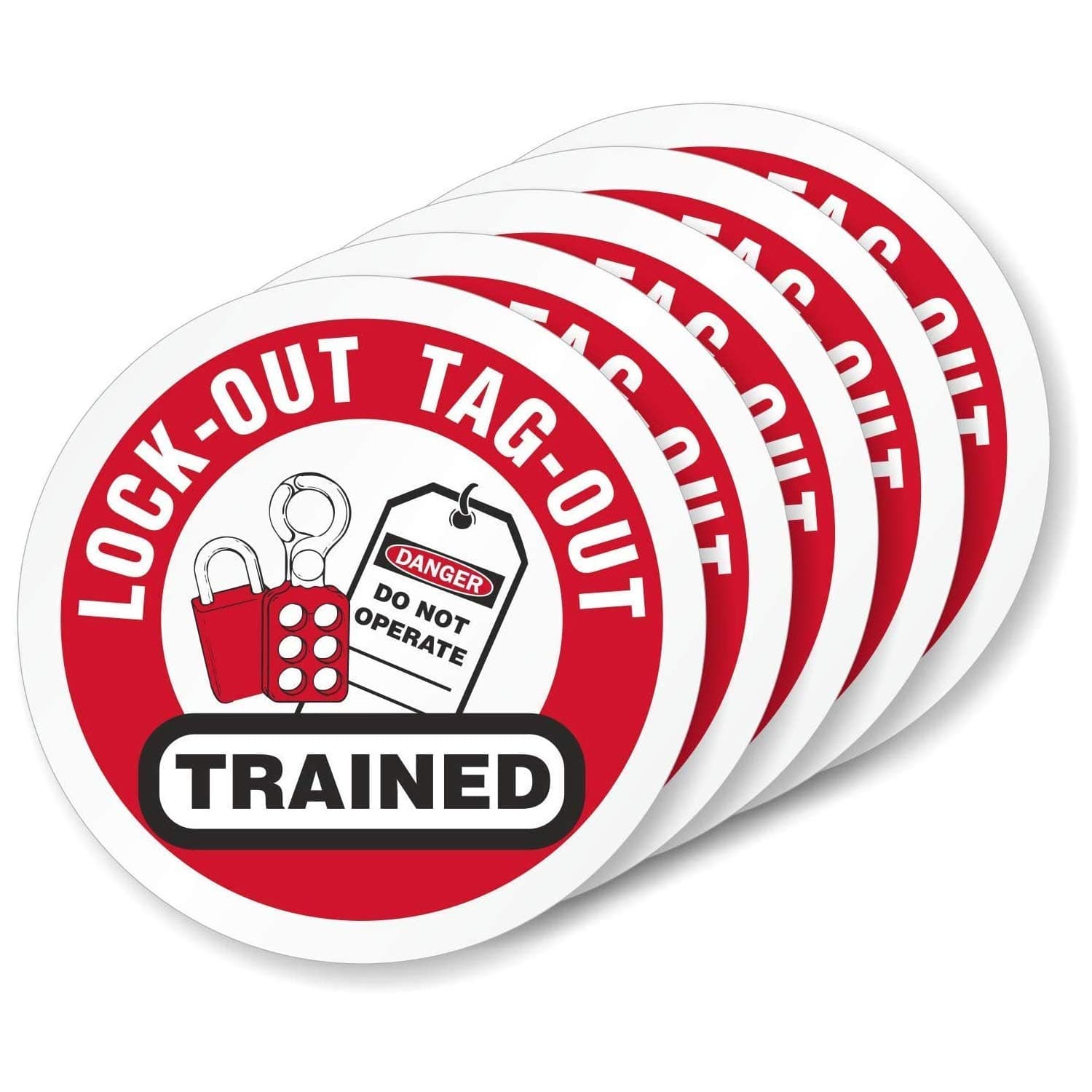 SmartSign "Lock-Out Tag-Out Trained" Pack of 5 Hard Hat Labels | Retro-Reflective, 2" Circle