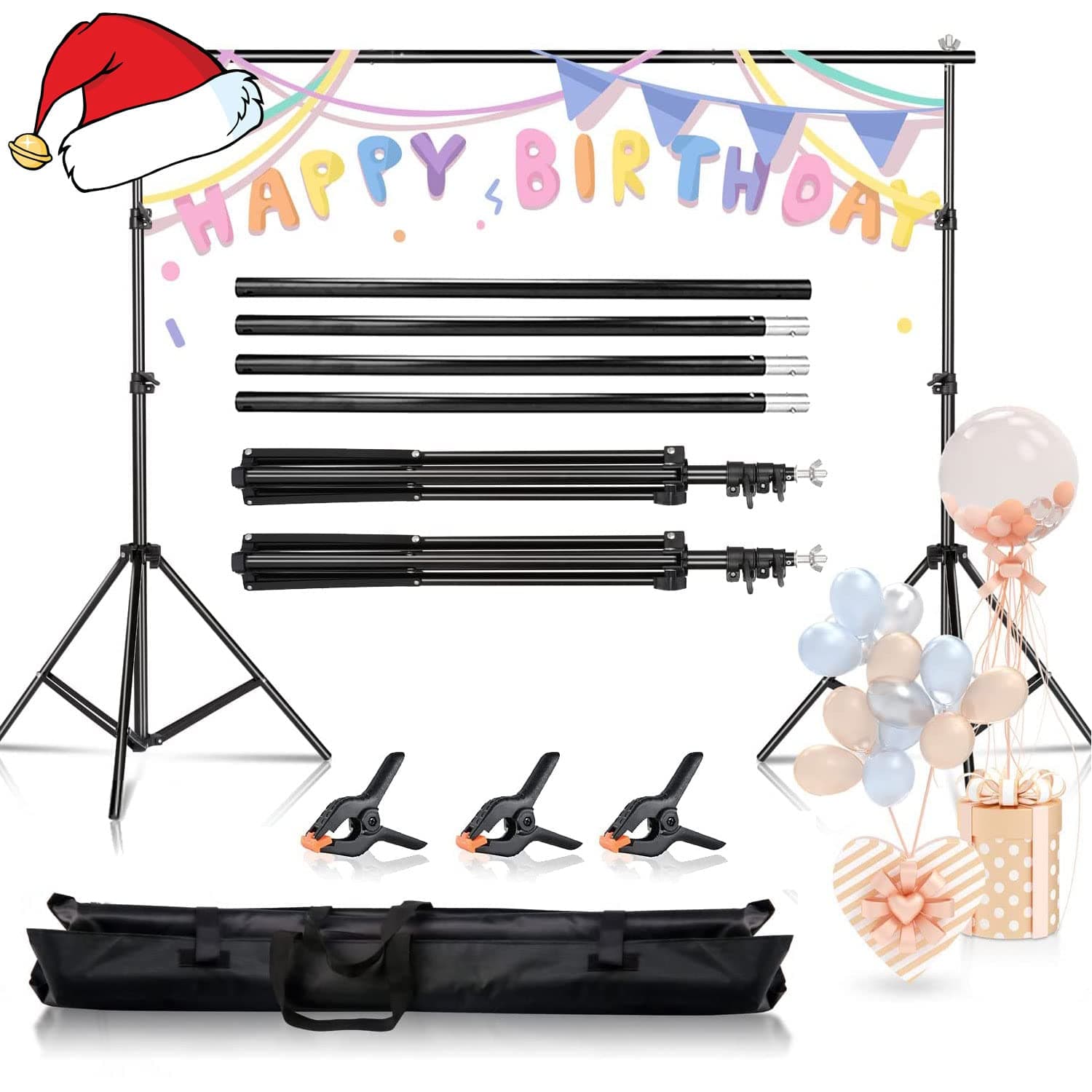 Backdrop Stand Kit, 2x3m/ 6.5ft x 10ft Adjustable Portable Photo Studio Backdrop Background Support System Stand for Wedding Parties Decorations Portrait Photography Birthday Party (black)