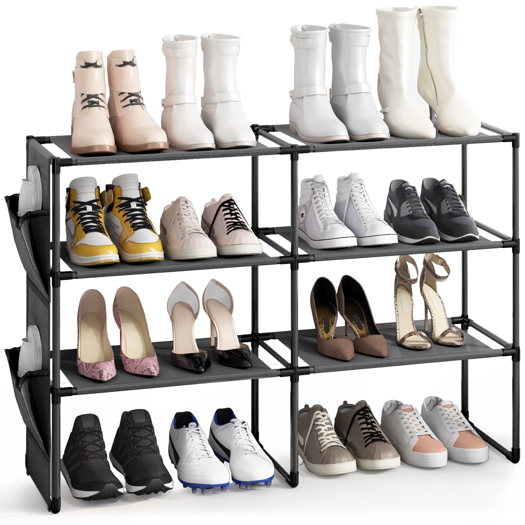 Amazer 4 Tiers Shoe Rack for Closet, Shoe Storage Organizer for 16-20 Pairs of Shoes, Shoe Shelf with Removable Pocket for Front Door Entrance Bedroom, 34.6x11x21.4 Inches (Black)