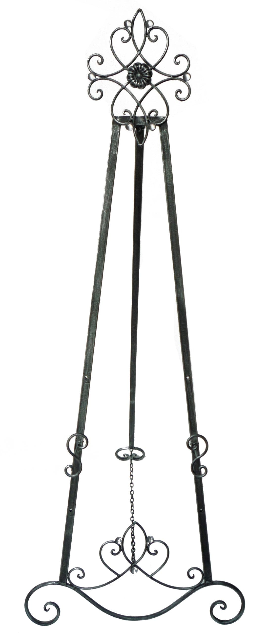 Designstyles Decorative Metal Easel Stand – Adjustable Floor Display for Art Pieces, Signs, Mirrors and Chalk/Dry Erase Boards - 61" Tall, Antique Finished Iron, Pewter – Swirl Emblem Design