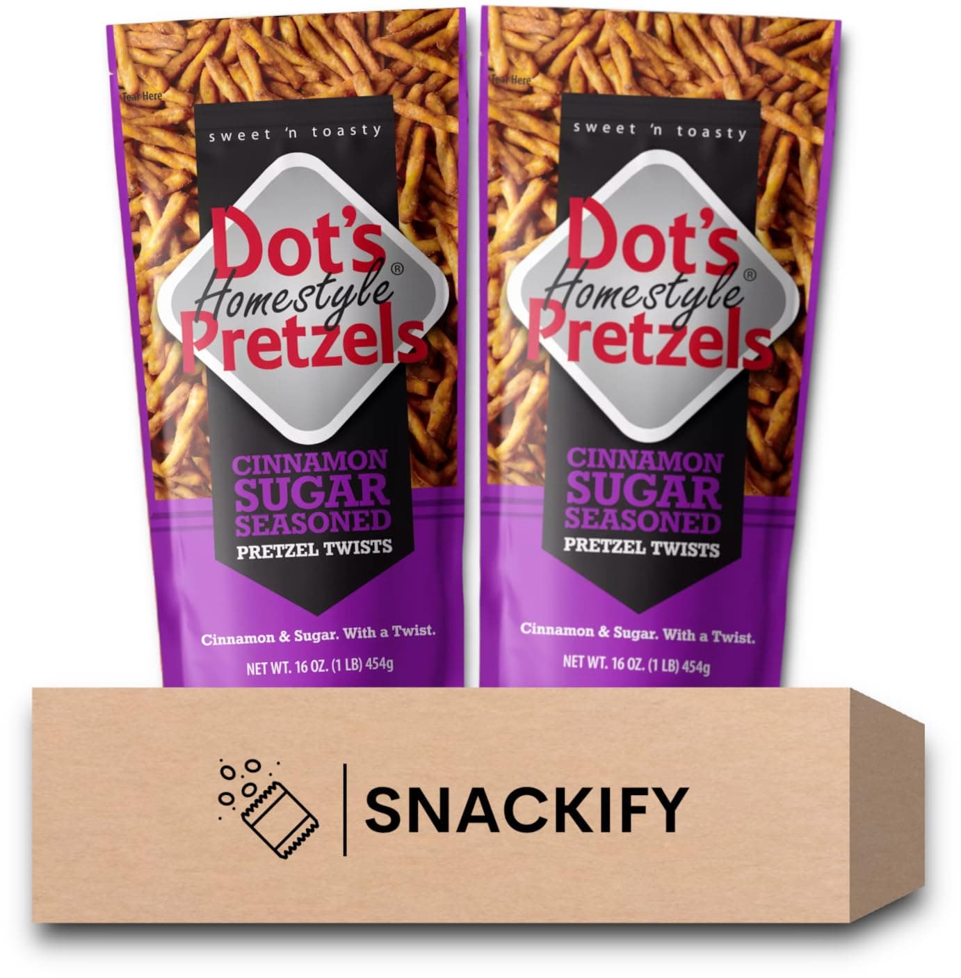 Dot's Pretzels Cinnamon Sugar Pretzel Twists | 2, 16 oz Bags | Bundled by SNACKIFY