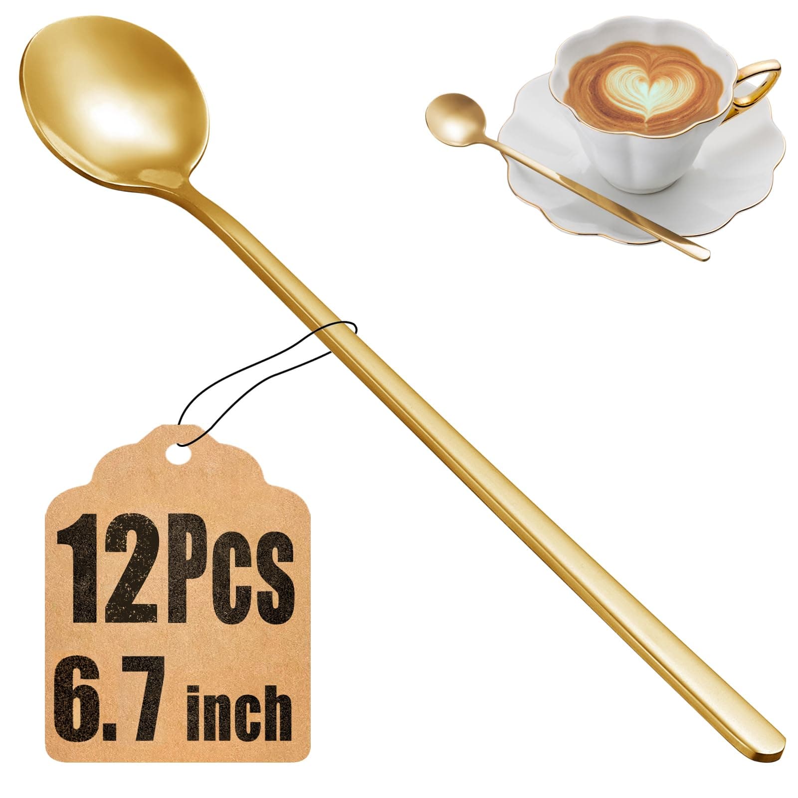12 Pcs Coffee Spoons Set, 6.7" Gold Tea Spoons Long Handle, Gold Small Teaspoons, Stainless Steel Espresso Spoon, Long Spoon for Stirring, Coffee Bar Accessories