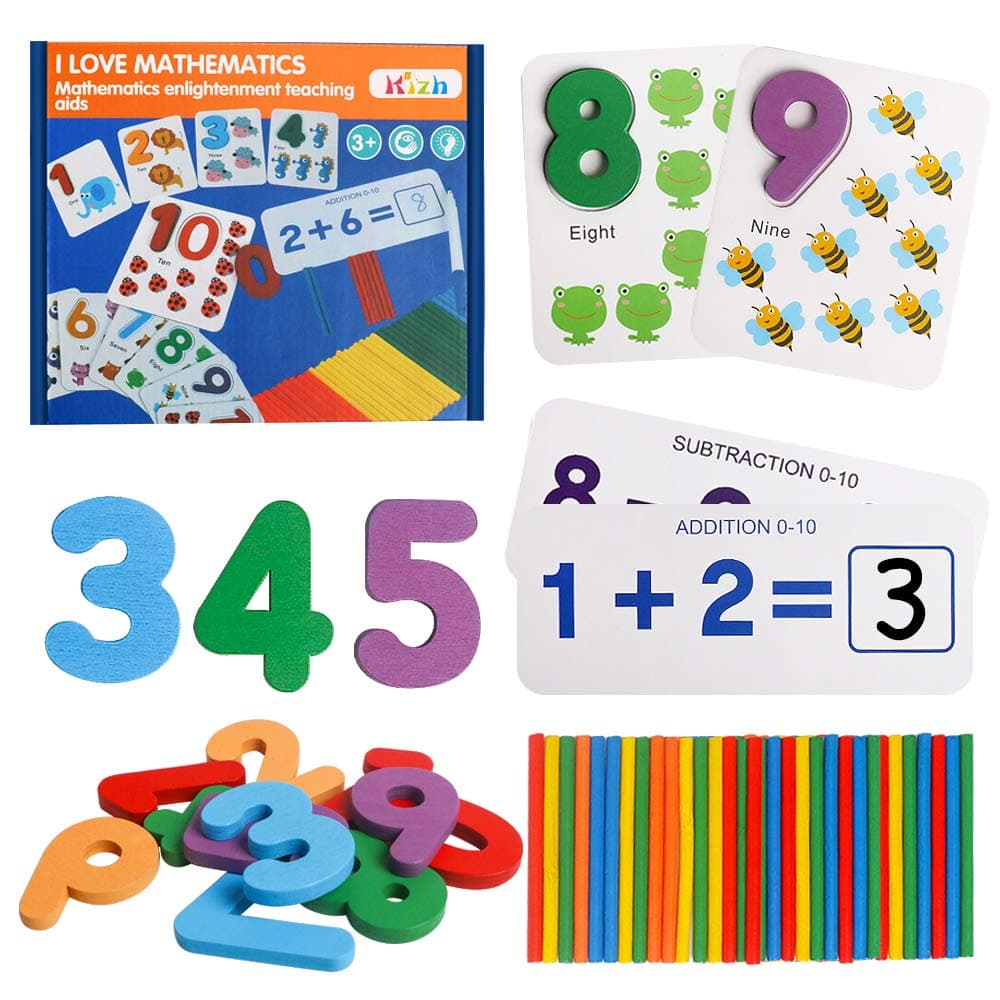 Kizh Math Flash Cards,Multiplication Flash Cards Wooden Number Matching Puzzle Counting Sticks Basic Addition and Subtraction Learning Montessori STEM Games Ages 6 & Up Kindergarten, 1st, 2nd, 3rd