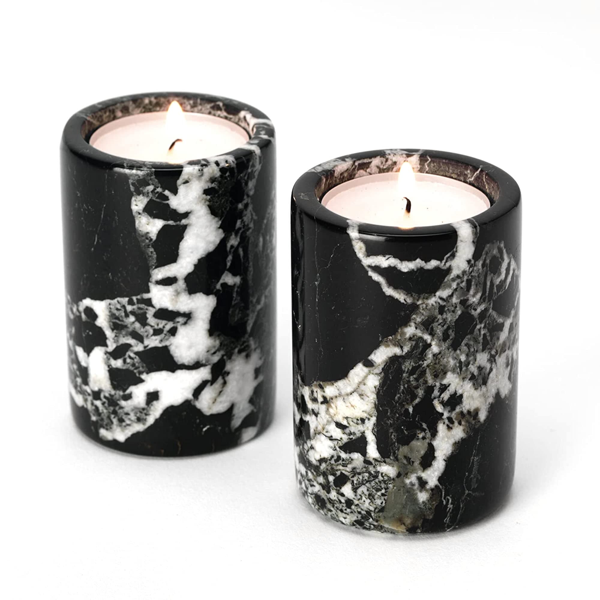 Set of 2 Black Marble Cylinder Tea Light Candle Holders
