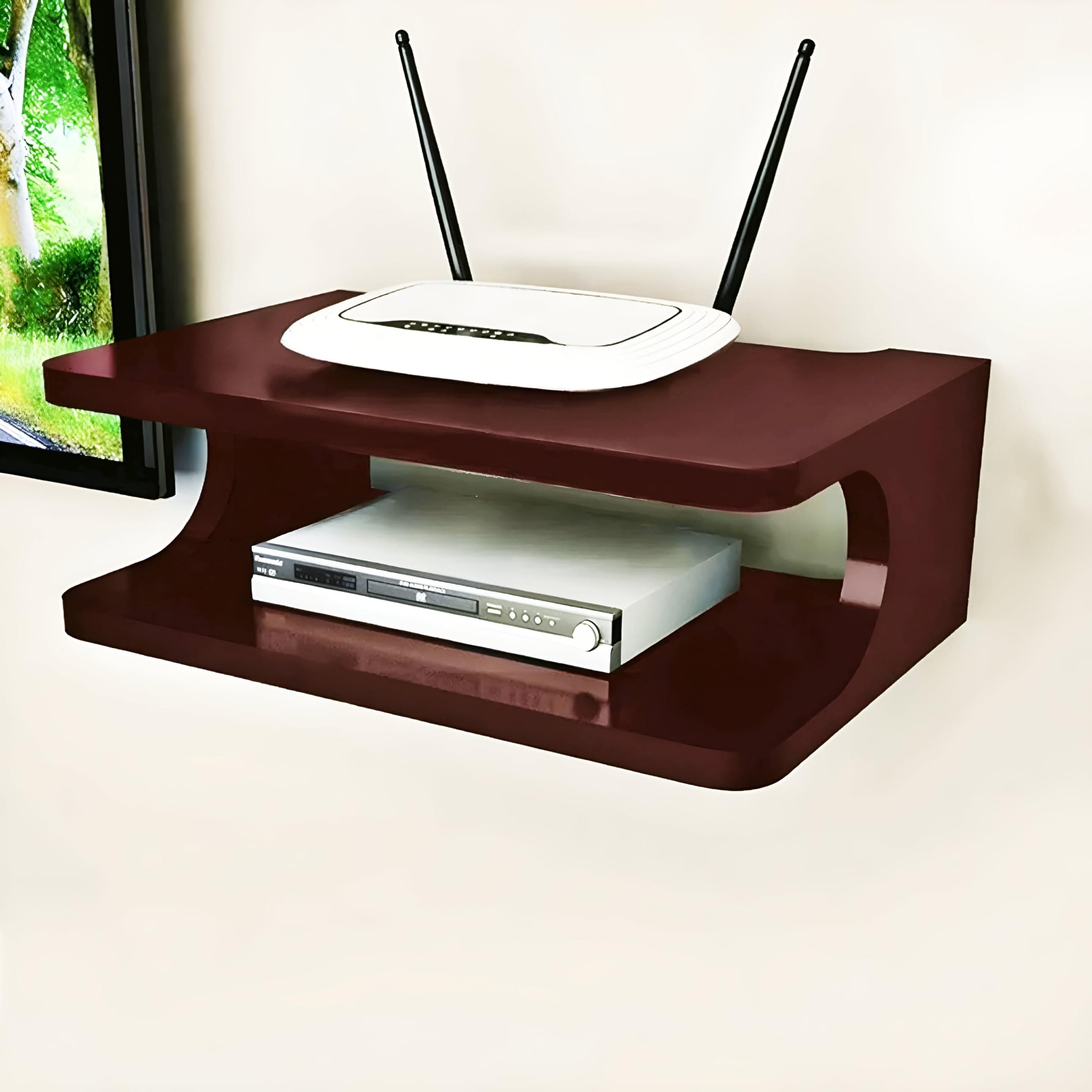 Set top Box Stand | WiFi Router Holder Wooden Wall Shelves | Setup Box Stand for Home | Wall Mount Stylish WiFi Router Holder TV Cabinet Living Room Furniture