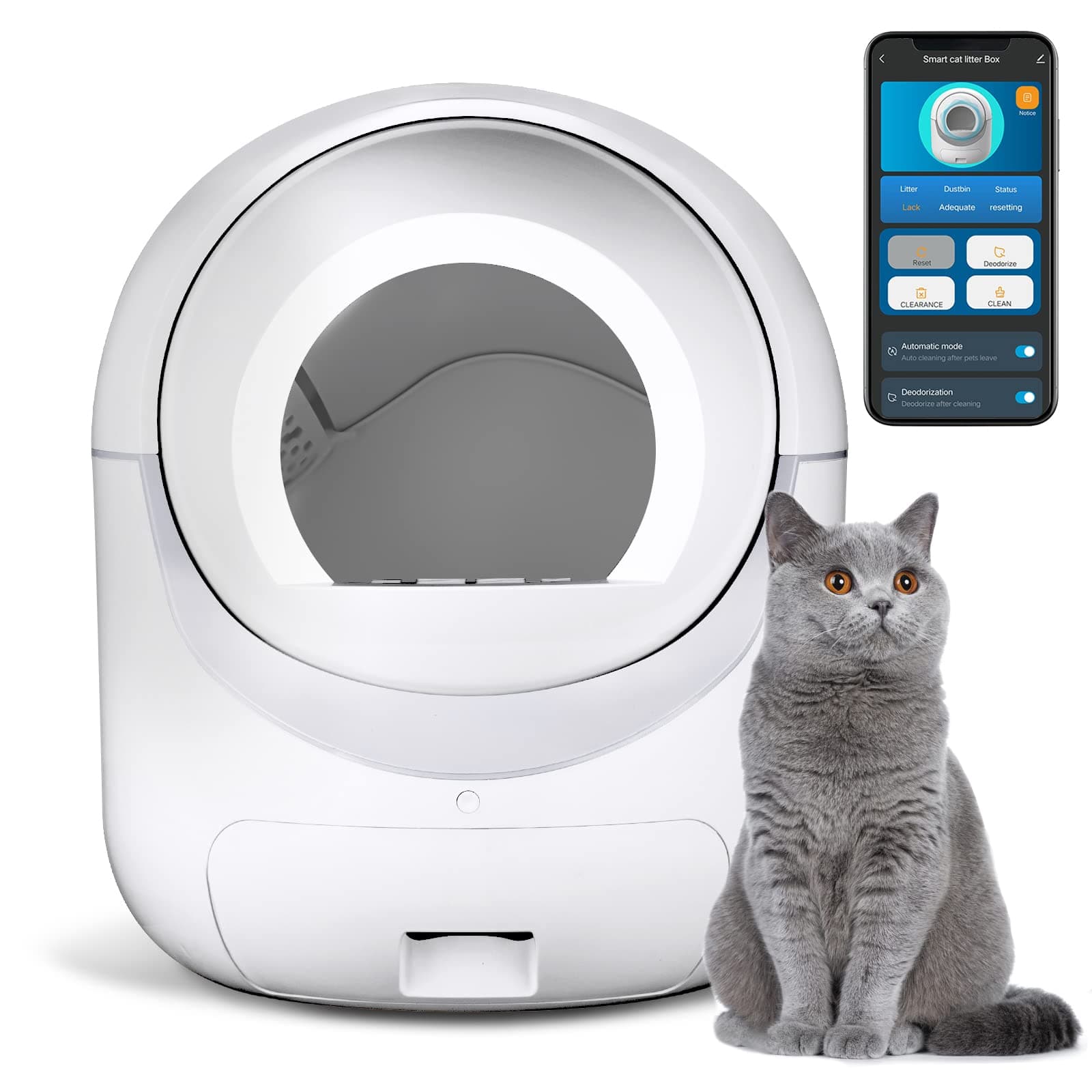 Cleanpethome Self Cleaning Cat Litter Box, Automatic Cat Litter Box with APP Control Odor Removal Safety Protection for Multiple Cats, AUTOCLEAN-1, White