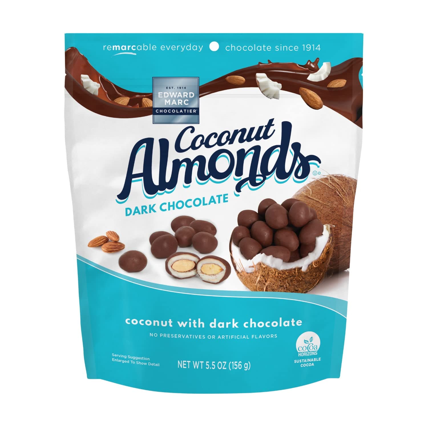 Edward Marc Chocolatier Sweet Coconut Almond Snacks - Dark Chocolate - Lightly Roasted Almonds Coated in Sustainably Sourced Dark Chocolate - 32 oz (1-pack)