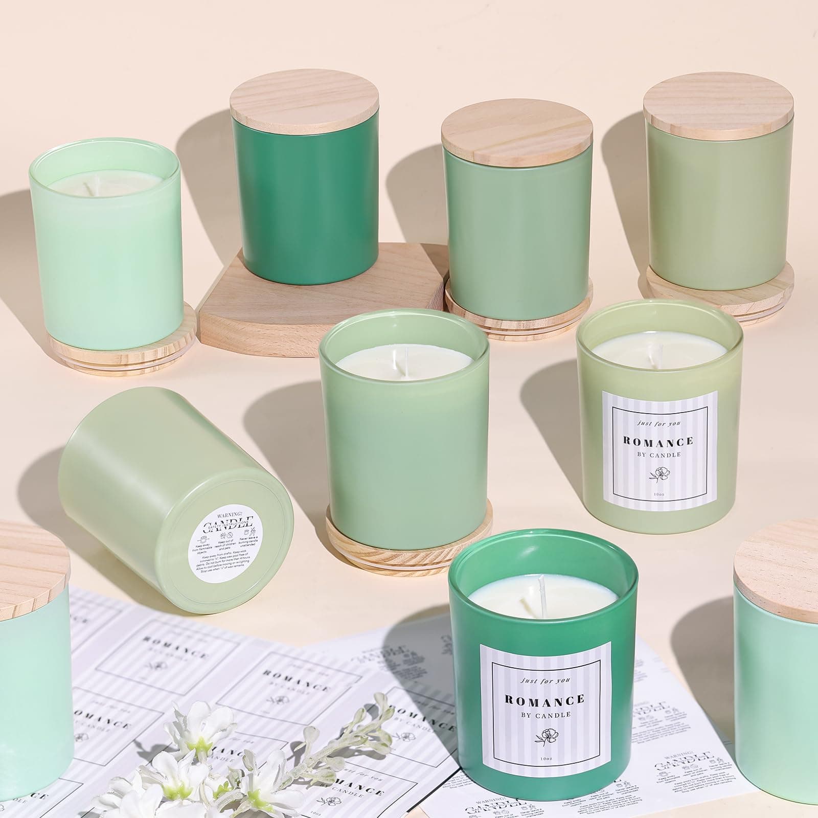 REISEN 12Pcs Frosted Green Candle Jars for Making Candles, 10oz Empty Candle Jars with Wooden Lids and Labels, Candle Containers Vessels for Candle Making Supplies