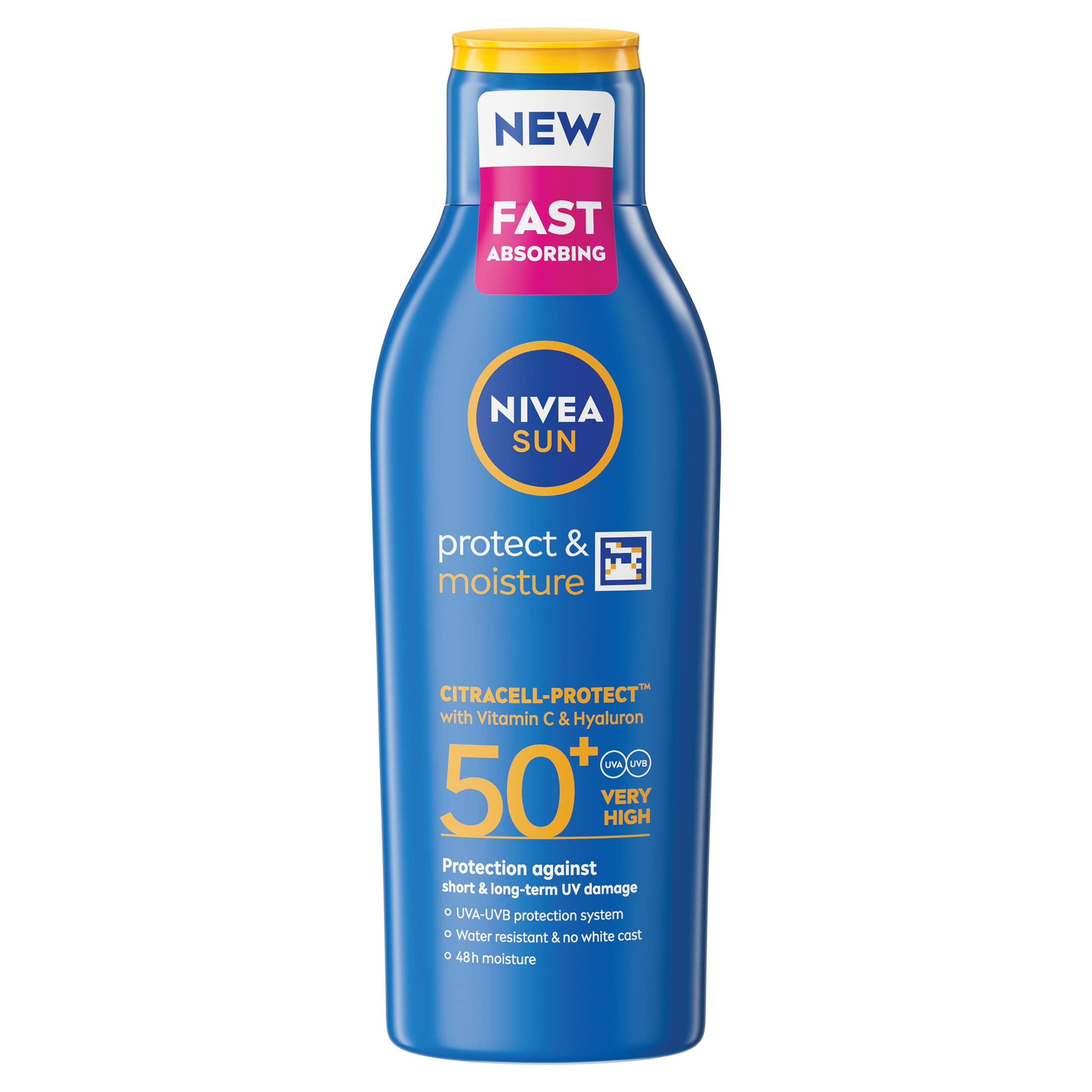 NIVEA SUN Protect & Moisture Sun Lotion SPF 50+ (200 ml), Suncream with Vitamin C and Hyaluron, Provides 48H Moisture and Immediate UVA/UVB Protection, Fast-Absorbing, No White Cast Formula