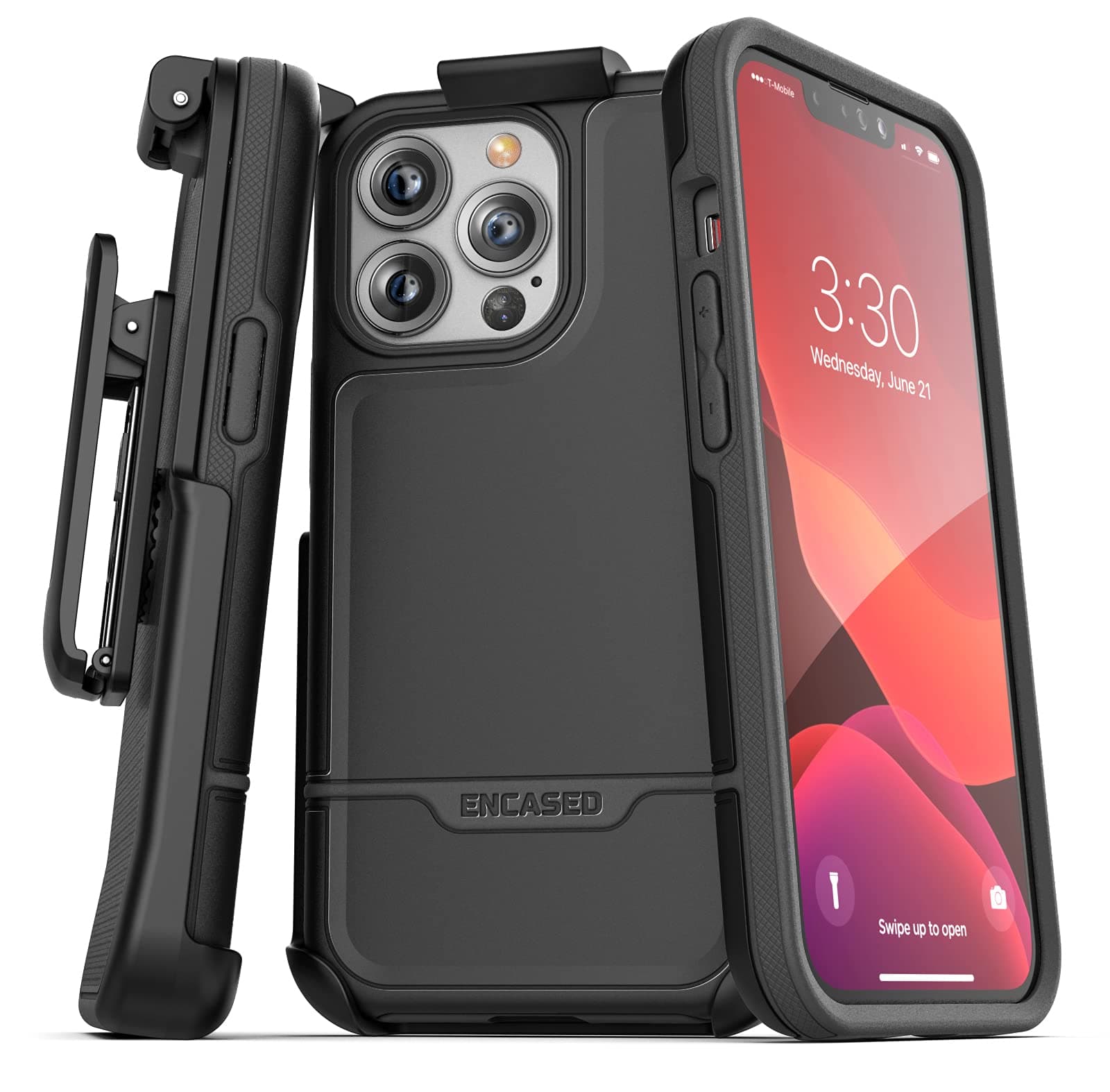 Encased Rebel Designed for iPhone 13/13 Pro Belt Clip Case (2021) Shockproof Case with Holster (Black)
