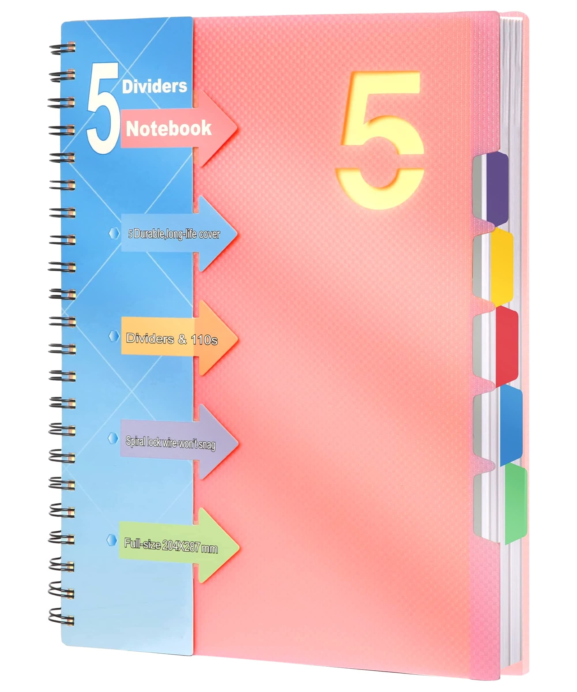 CAGIE5 Subject Notebook 8.5" x 11" Hardcover Spiral Notebook with Dividers and Tabs Large Notebooks Wide Ruled for Note Taking School Work Office Supplies 220 Pages, Pink