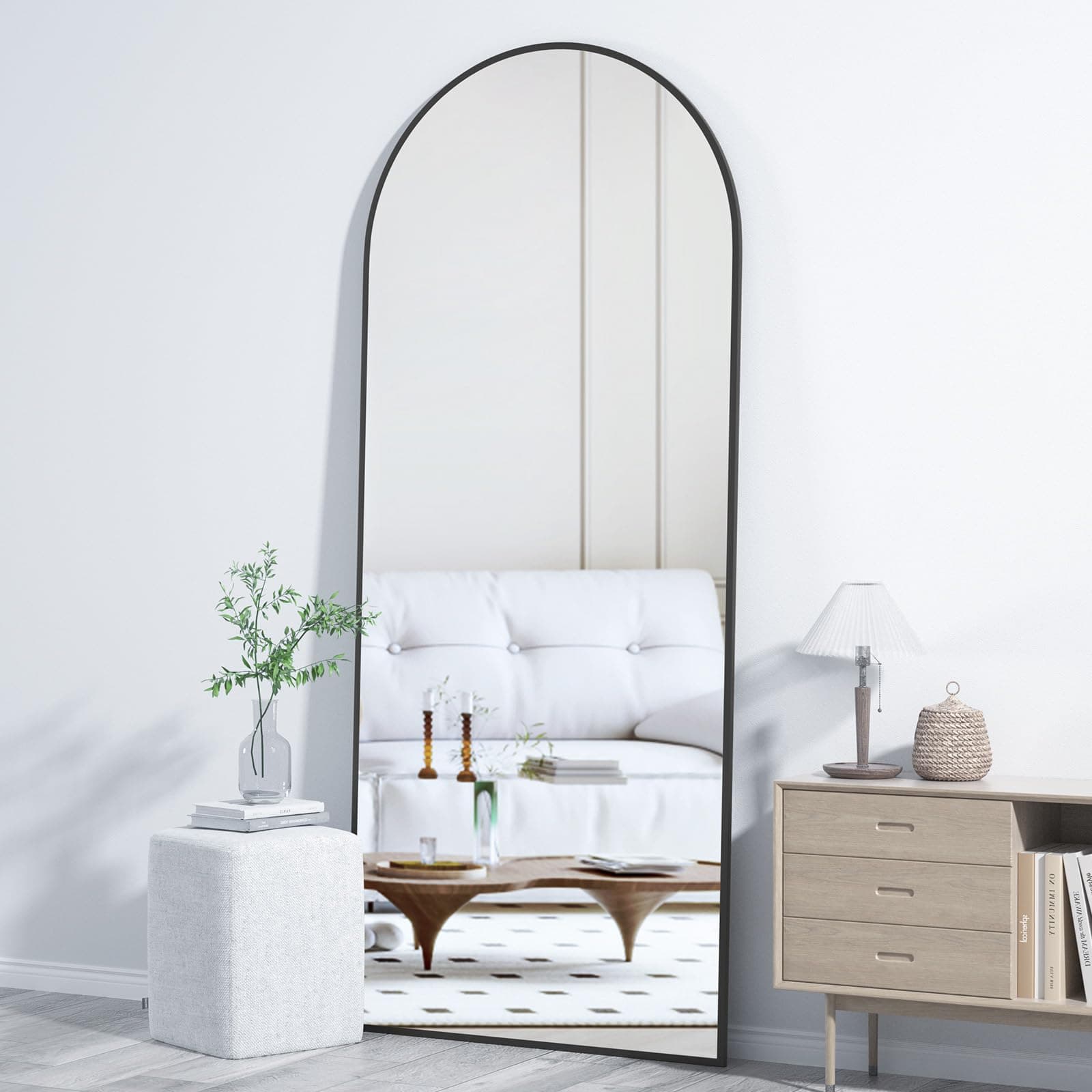 CASSILANDO Full Length Mirror 162cm×53cm Large Arched Floor Standing Mirrors, Aluminum Alloy Frame, for Bedroom Living Room Wall Mirror, Black