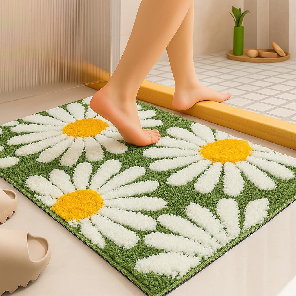 Roseate Flower Super Soft (40x60 cm) Microfiber 2000 GSM Bath Mat Super Absorbent Anti-Skid Door Mats for Home/Bathroom/Bedroom/Kitchen/Floor Mat (Green) Pack of 1