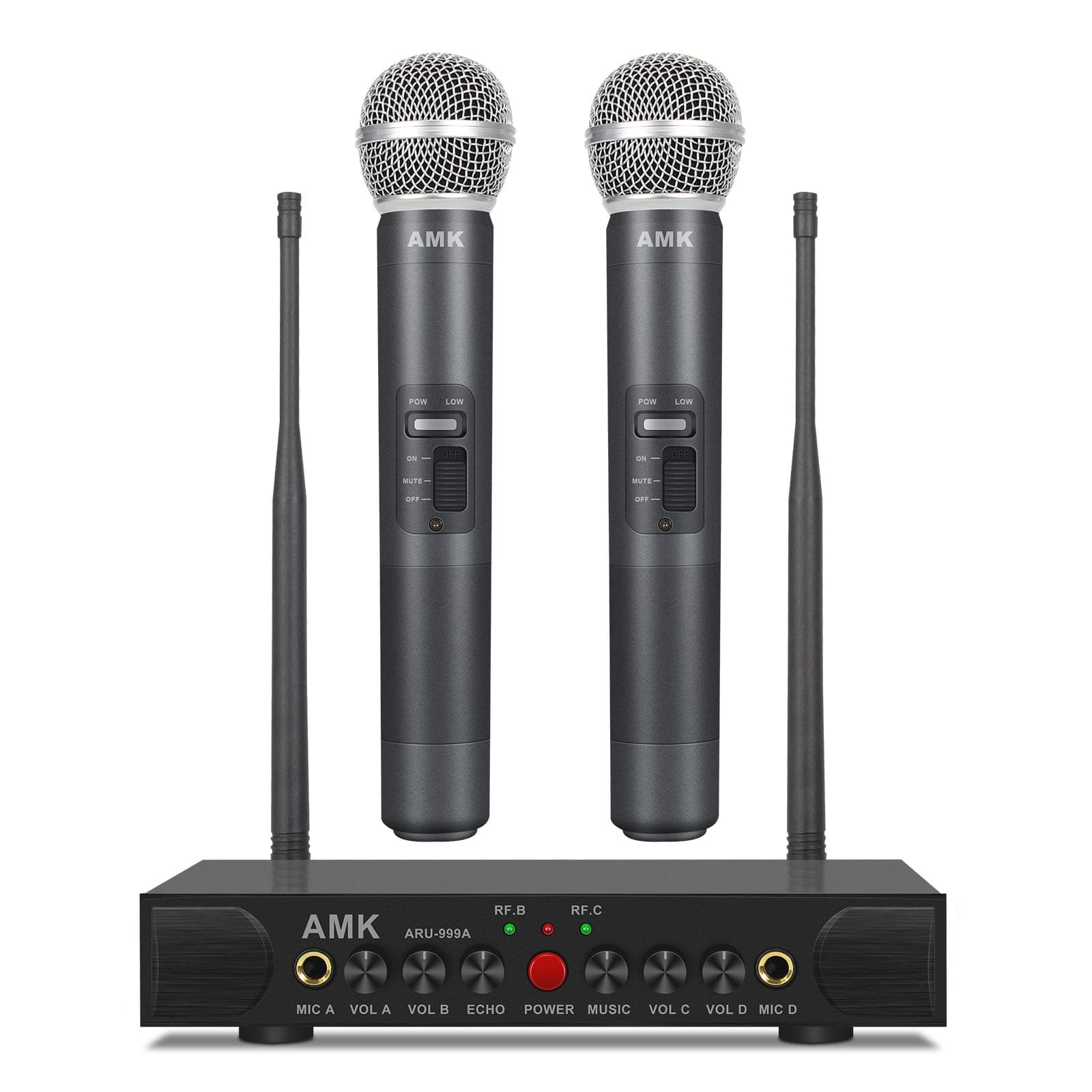 AMK Wireless Microphone System with Echo, UHF Dual Wireless Mics Receiver with 1/4’’ Input Jacks for Two More Wired Mics, All Metal, Easy Setup, Echo Control, for Karaoke, Wedding, Church(ARU-999A)