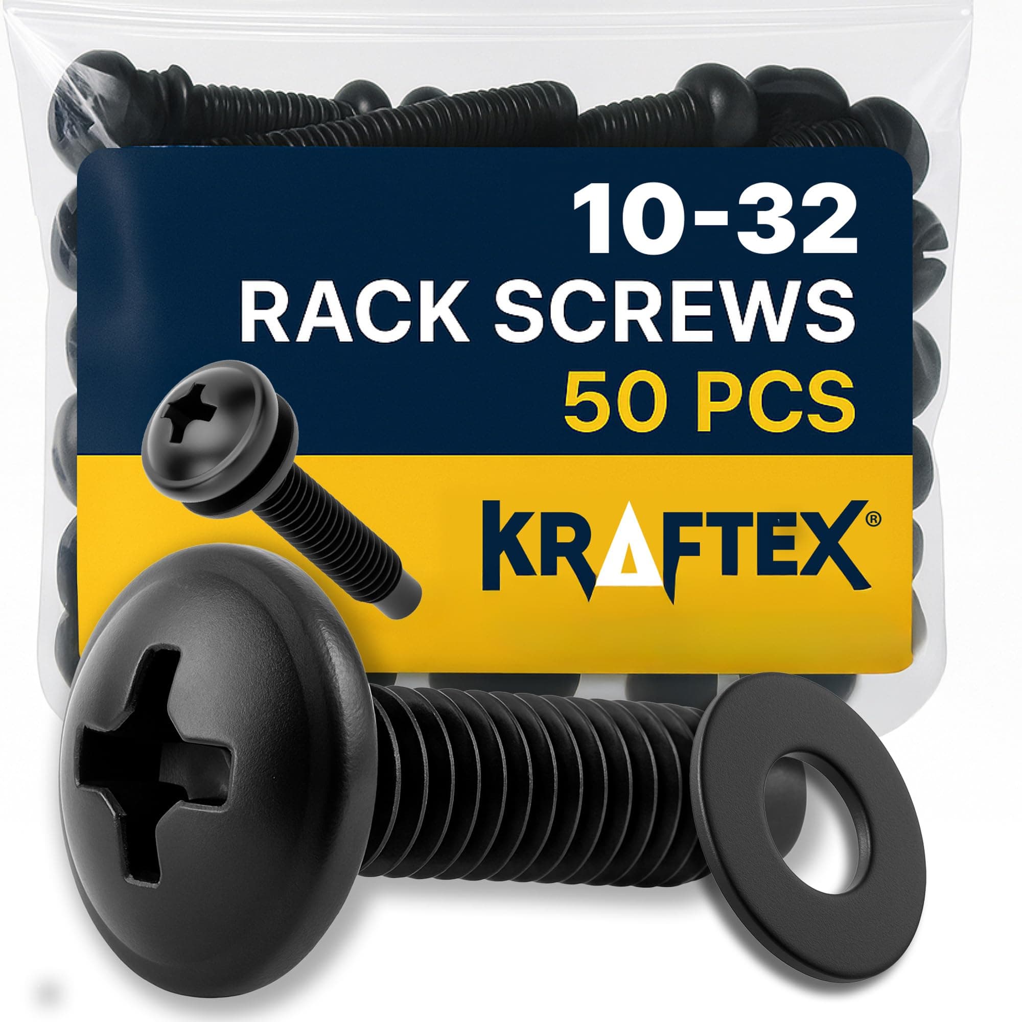 10/32 Rack Screws Carbon Steel with Nylon Rack Washers (50 Sets) for Server Rack Mounts, Audio Racks, Mounting Hardware and Rack Rails. Rackmount Equipment for Recording Studios and Shelf Racks