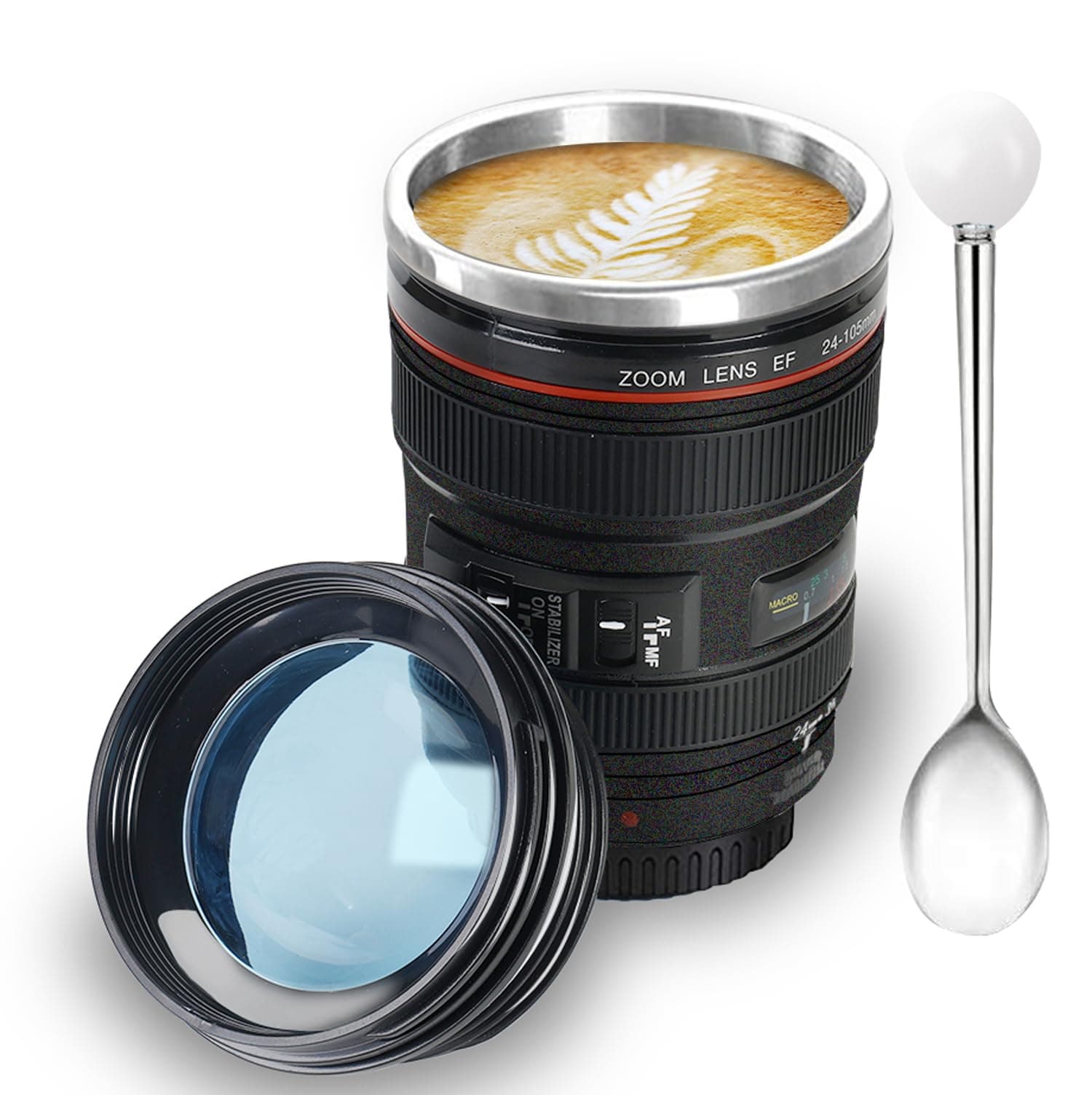 Yepteeps Camera Lens Coffee Mug 12oz Stainless Steel Insulated Travel Tumbler with Leakproof Lid & Spoon - Creative Gift for Photographers, Home Office Use