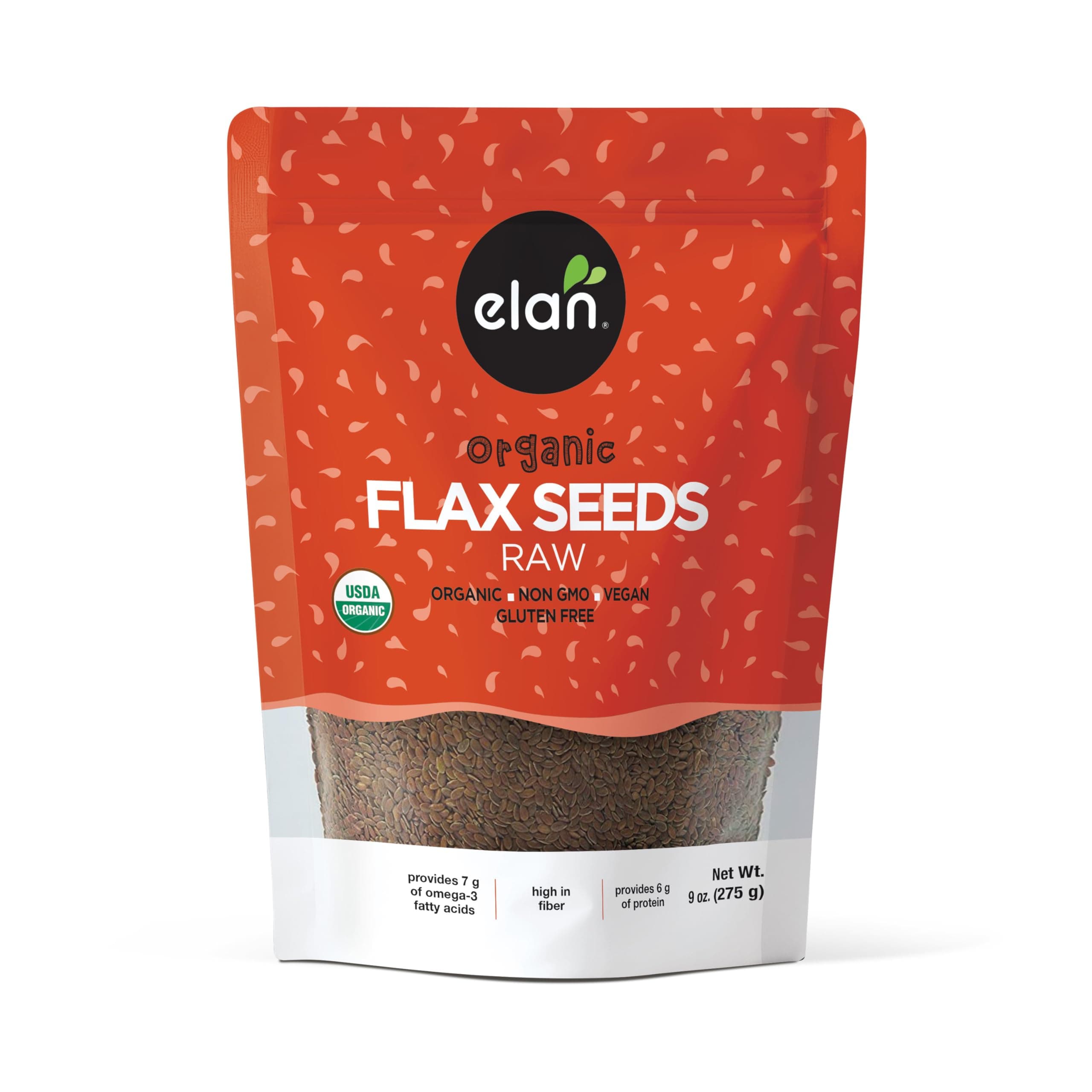 Elan Organic Flax Seed, 9 oz, Whole Seeds, Raw Seeds, Non-GMO, Vegan, Gluten-Free, Kosher, High in Fiber, Gels Easily