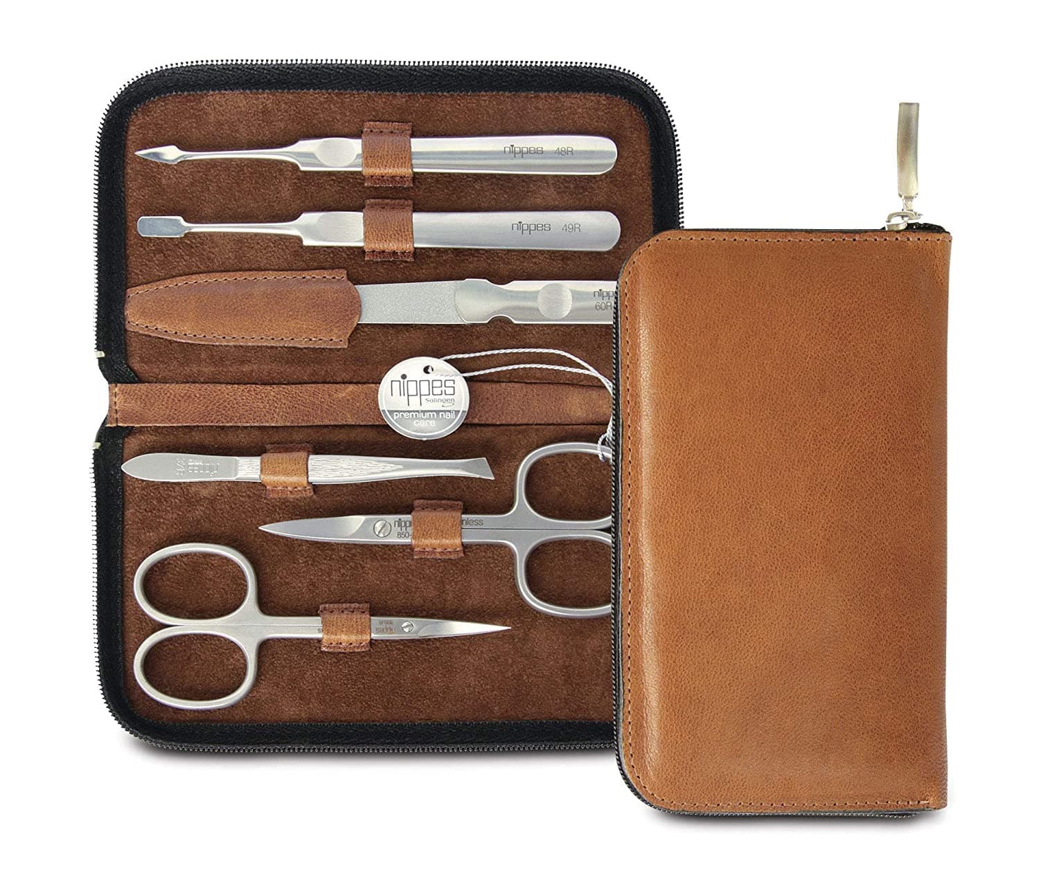 Nippes Premium Line Manicure Set 6 Pieces Stainless Steel Rust and Nickel Genuine Cowhide Leather Case with Zip Fastener Brown