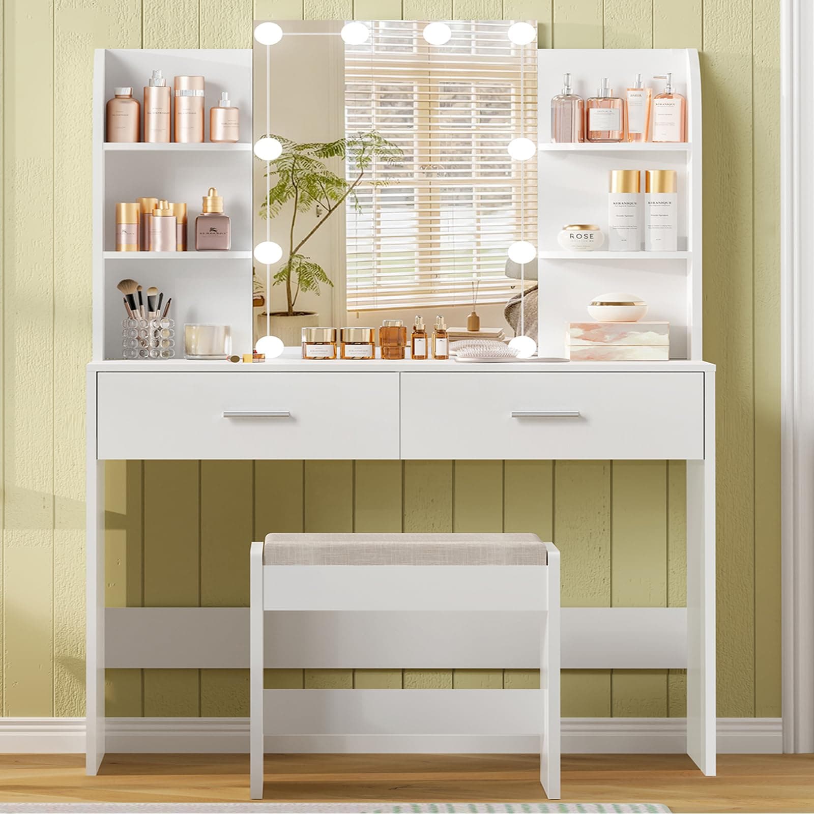usikey Vanity Desk with Mirror & Lights, Makeup Vanity Table with 2 Large Drawers, 6 Storage Shelves & Stool, Bedroom Dressing Vanity Table with 3 Color Light Adjustable, White