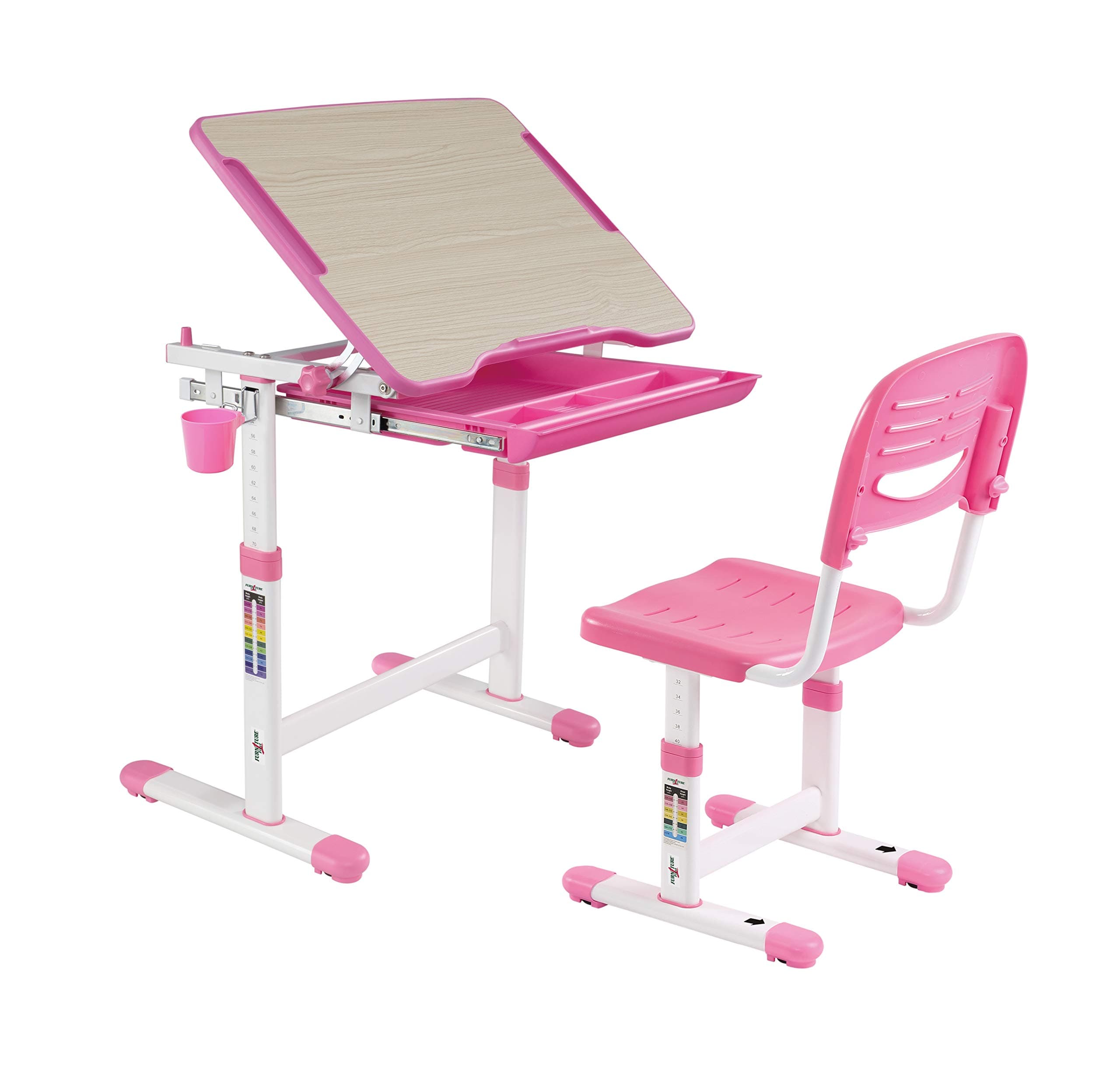 FURNITURE FIRST Wooden Finish, Auto Height Lock, Tiltable Desk, Book Stand, Cup Holder Height Adjustable Model Study Table with Chair Set for Kids (Princess Pink, 3-15 Years)