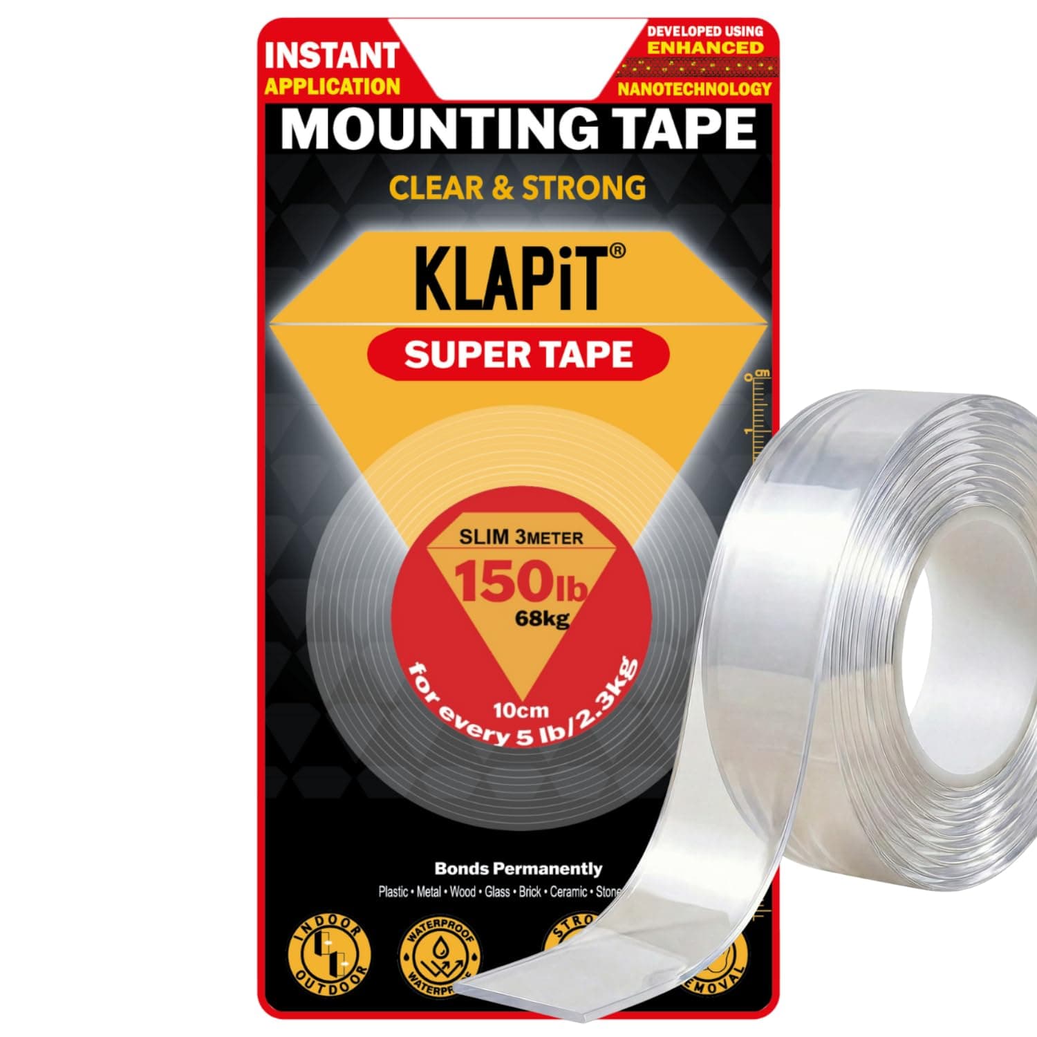 KLAPiT SUPER TAPE Double Sided Tape Heavy Duty Mounting Holds 150 Pounds or 68Kg Weight Using Enhanced Nanotechnology. Clear Tape for Wall, Wood, Tile, Stone, Glass, Metal and Acrylic Slim 3m