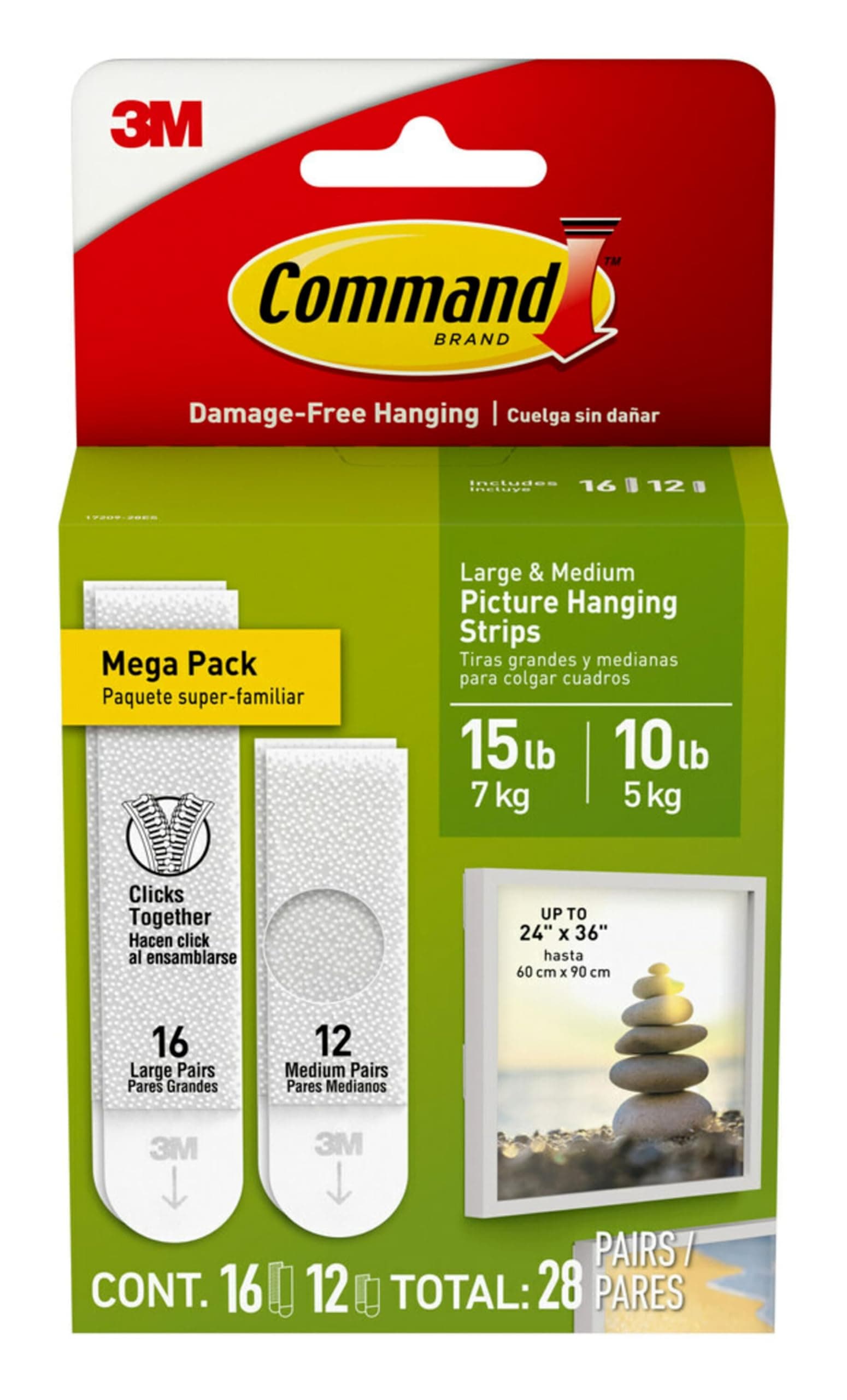 Command Photo Hanging Strips, Medium, Large, Non-Scratch Hangers, Tool-Free Wall Strips for Living Space, White, 12 Pairs,16