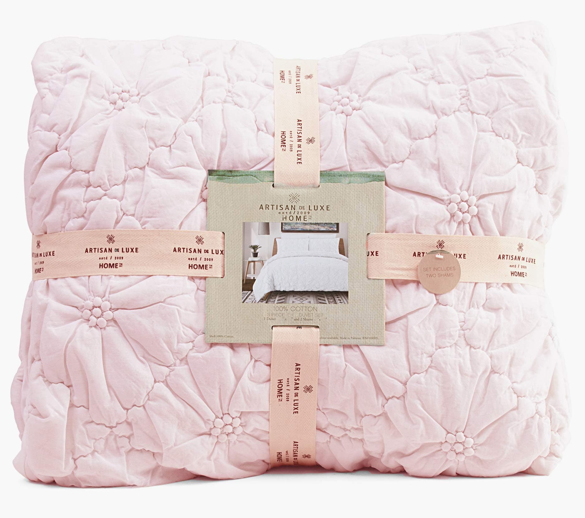 Artisan De Luxe Bedding Quilted 3pc Comforter Set Rich Texture Rushed Embroidered Pintuck Flower French Country Style (Queen, Rose Smoke)
