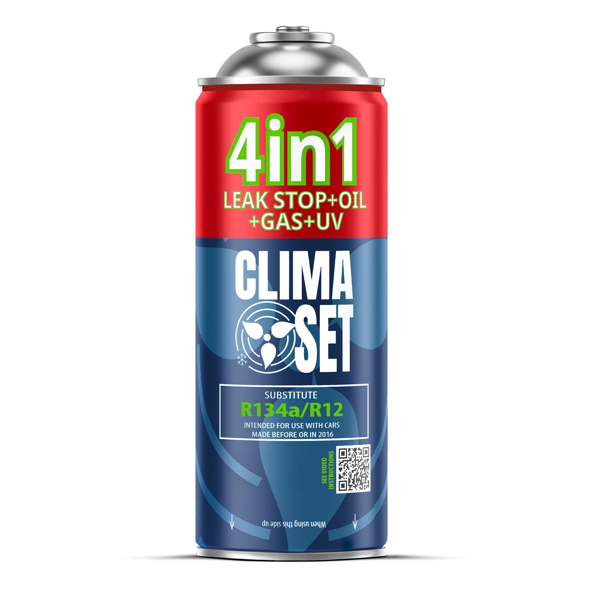 CLIMASET - 4in1 Aircon Top Up Gas r134a, Oil, Leak Sealer with UV Dye - AC Gas Refill and Leak Detection Kit - Air Conditioning Car Recharge Kit