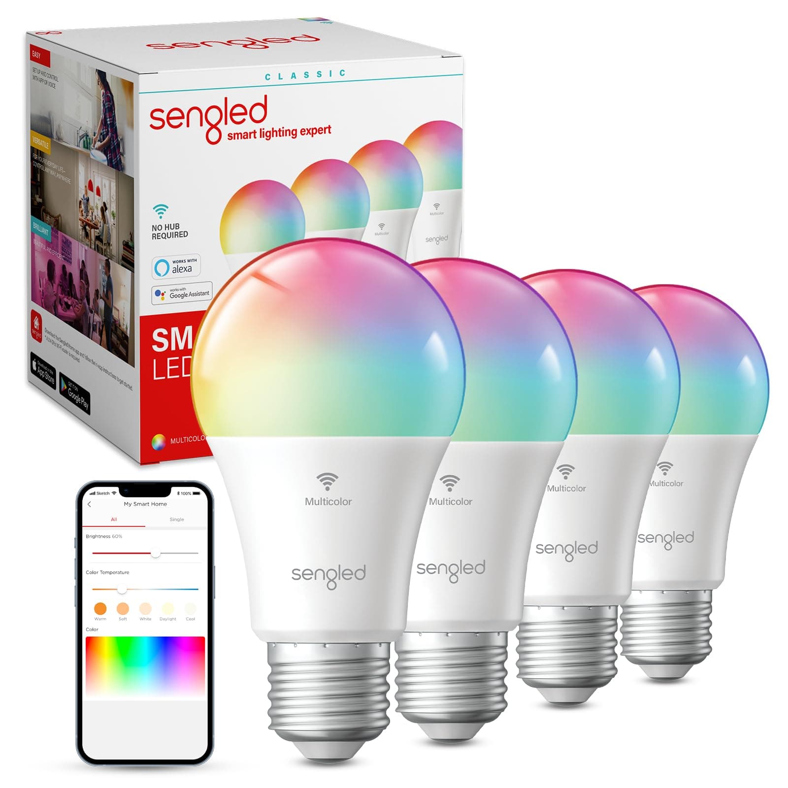 Smart Bulb, WiFi Light Bulbs, Color Changing Light Bulb, Smart Light Bulbs that Work with Alexa & Google Assistant, A19 RGB Alexa Light Bulb No Hub Required, 60W Equivalent 800LM CRI>90, 4Pack