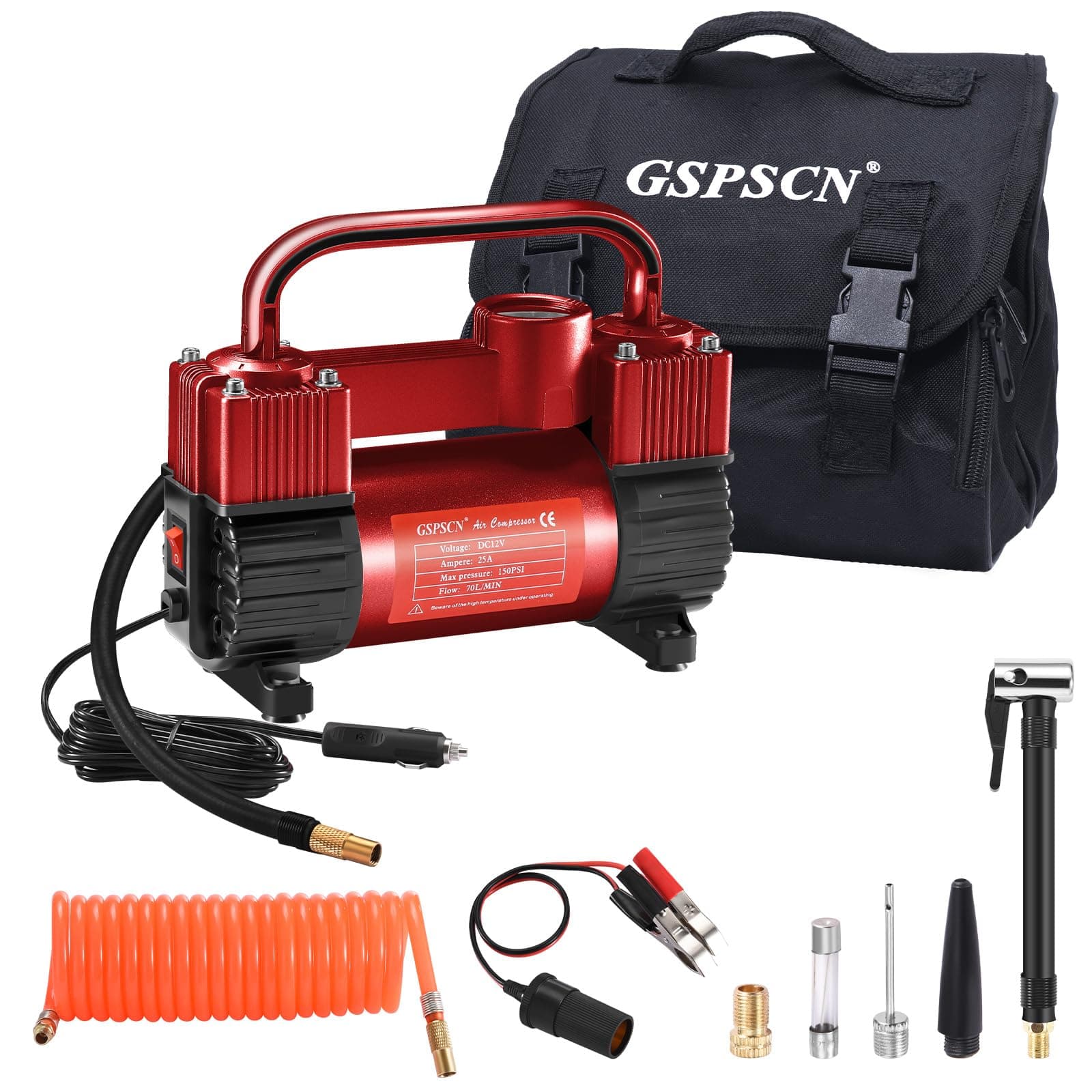 GSPSCN 6X Faster Inflation Tire Inflator Heavy Duty Double Cylinders with Portable Bag- Car Accessories,Metal 12V Air Compressor Pump 150PSI with Adapter for Car, Truck, SUV Tires, Dinghy, Air Bed