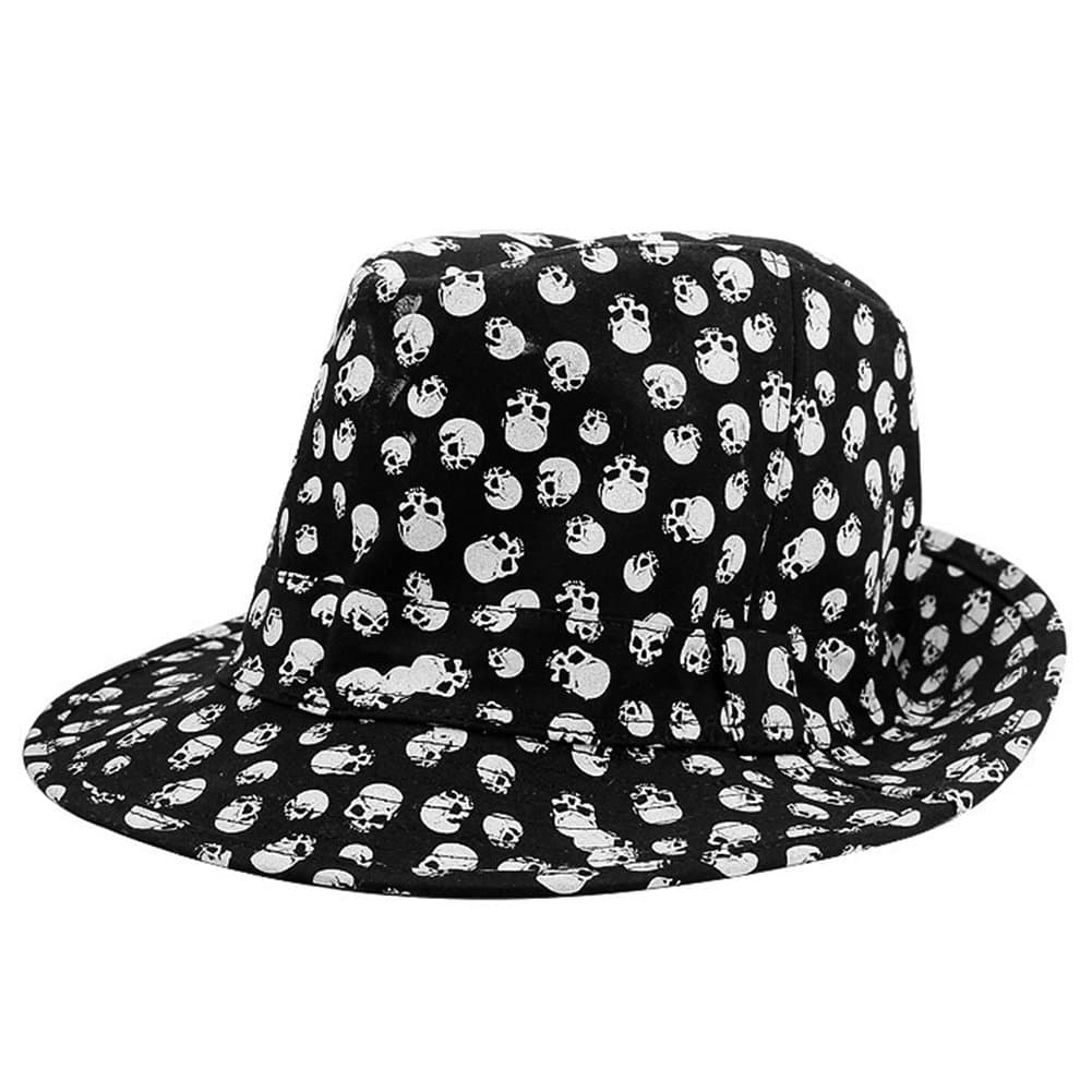 LOCOMO Skull Bone Skeleton Embroidery Fedora Short Upturn Brim Hat Cap FFH263BLK