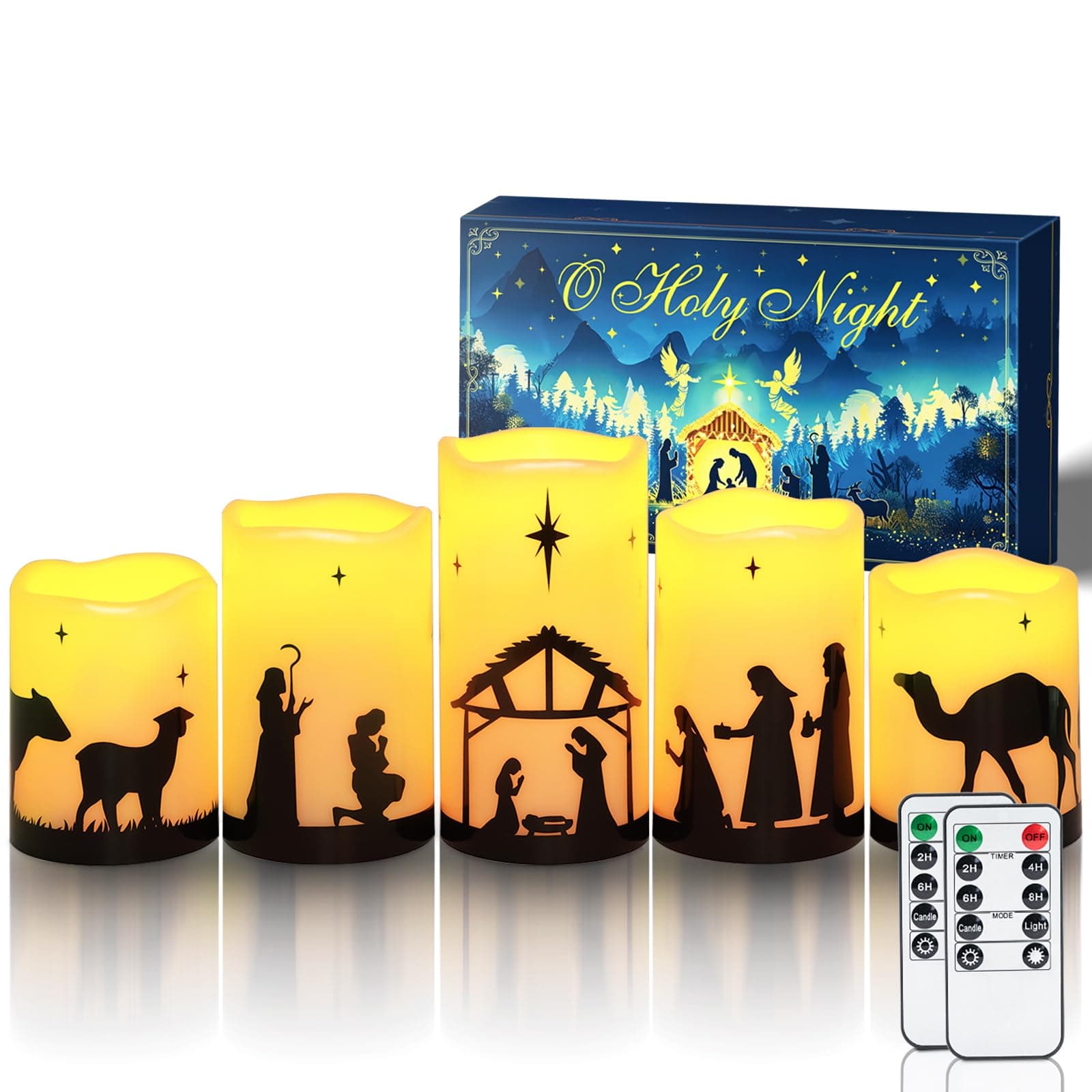 Homemory Flameless Christmas Nativity Scene Candles, Battery Operated LED Pillar Religion Candles, Nativity Sets Indoor Outdoor Decor for Xmas Holiday Home Decor, Remote Timer, Christmas Decor, 5 Pack