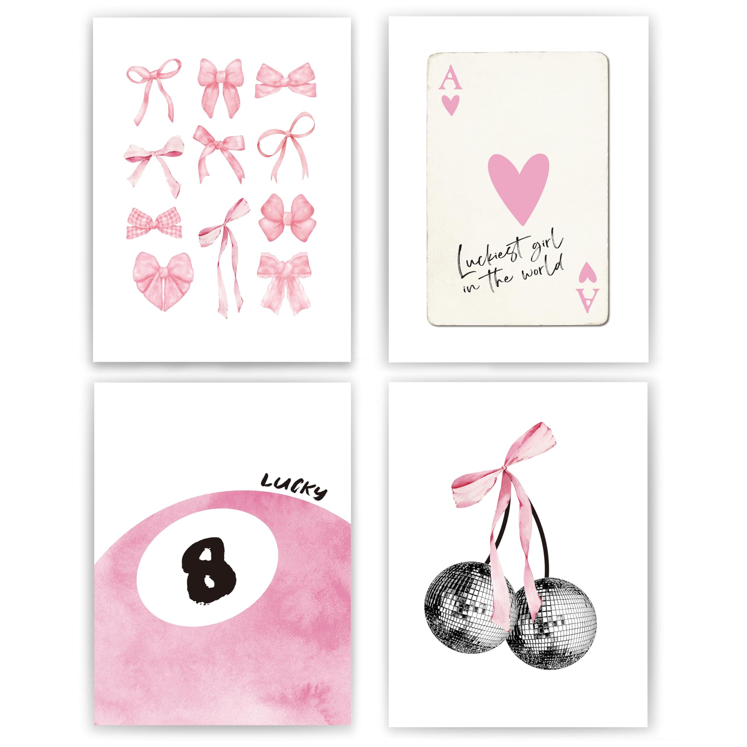 Pink Coquette Trendy Preppy Wall Art Prints Set of 4, Coquette Room Decor, Preppy Room Decor Aesthetic, Pink Bow Disco 8 Ball Cherry Wall Decor Posters for Girls Bedroom Dorm, 12x16 Unframed